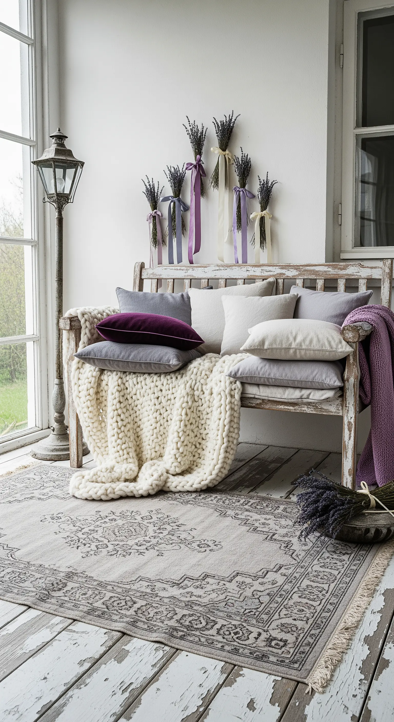 Panca in legno decapato con una coperta di lana spessa e cuscini, sopra un tappeto vintage.