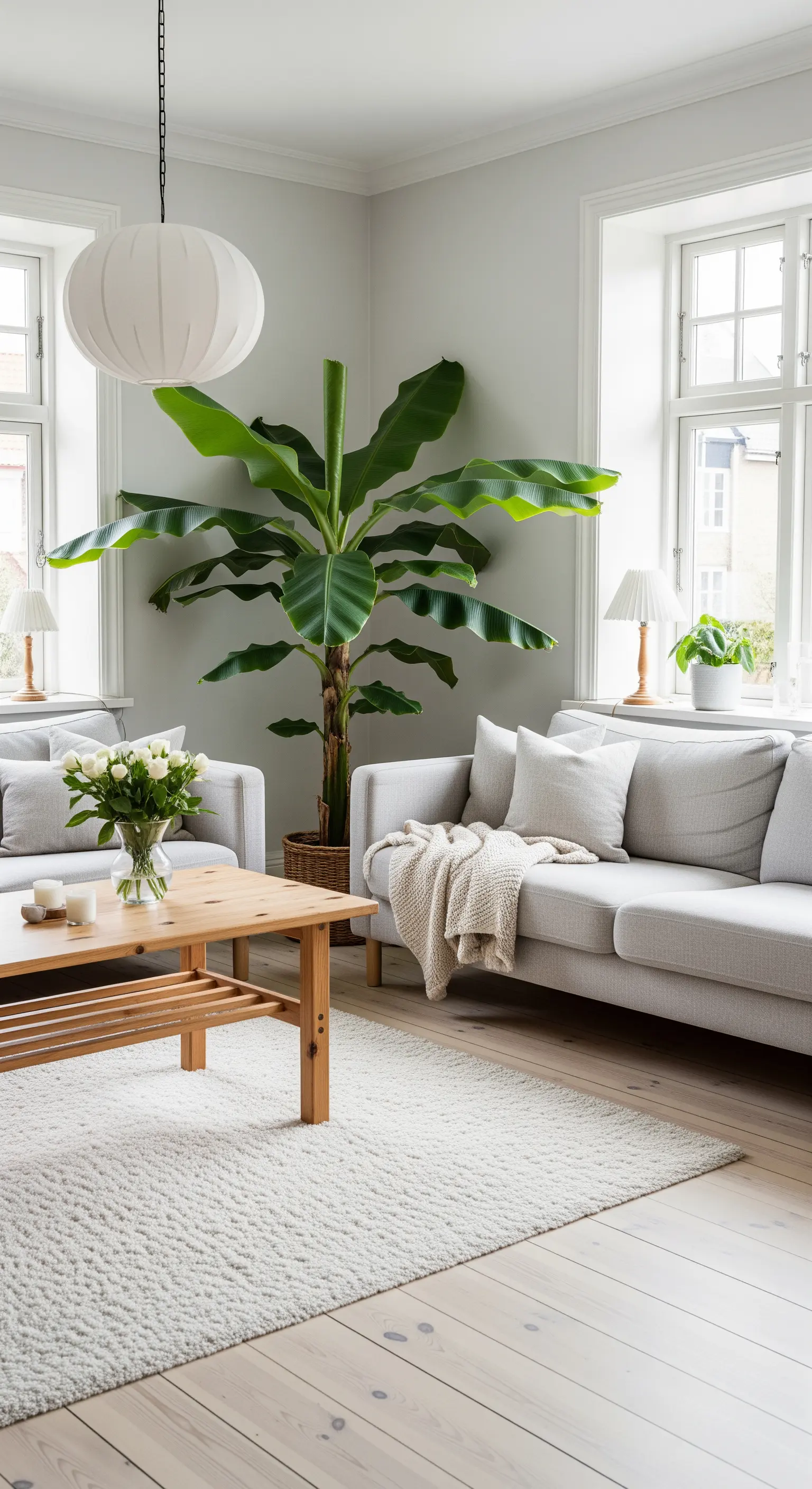 Un banano in un angolo di un luminoso soggiorno scandinavo con divani grigi.