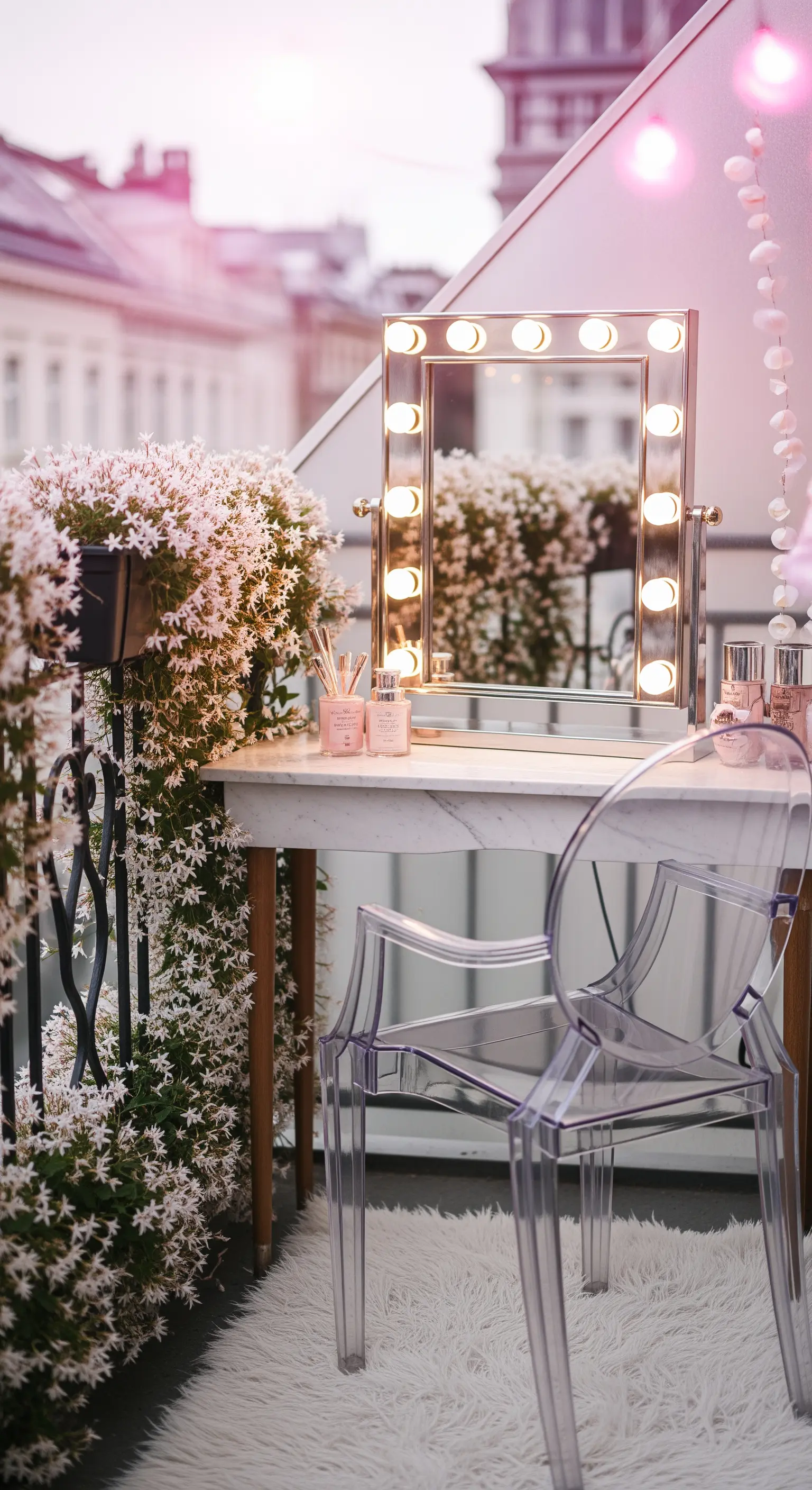 Angolo trucco su un balcone con specchio in stile Hollywood, sedia trasparente e fiori di gelsomino.