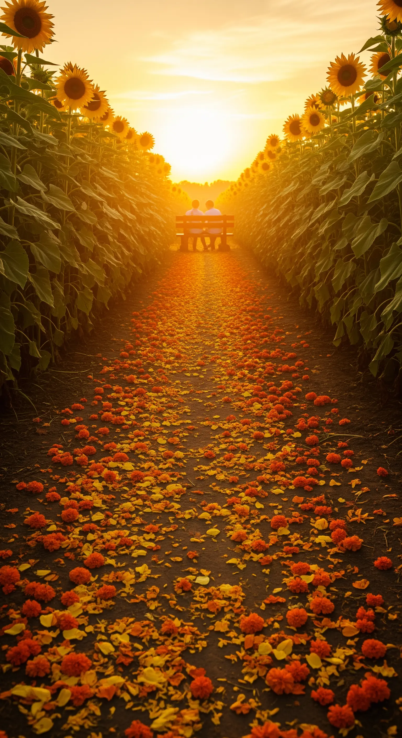Sentiero tra due campi di girasoli al tramonto, con una coppia seduta in fondo.