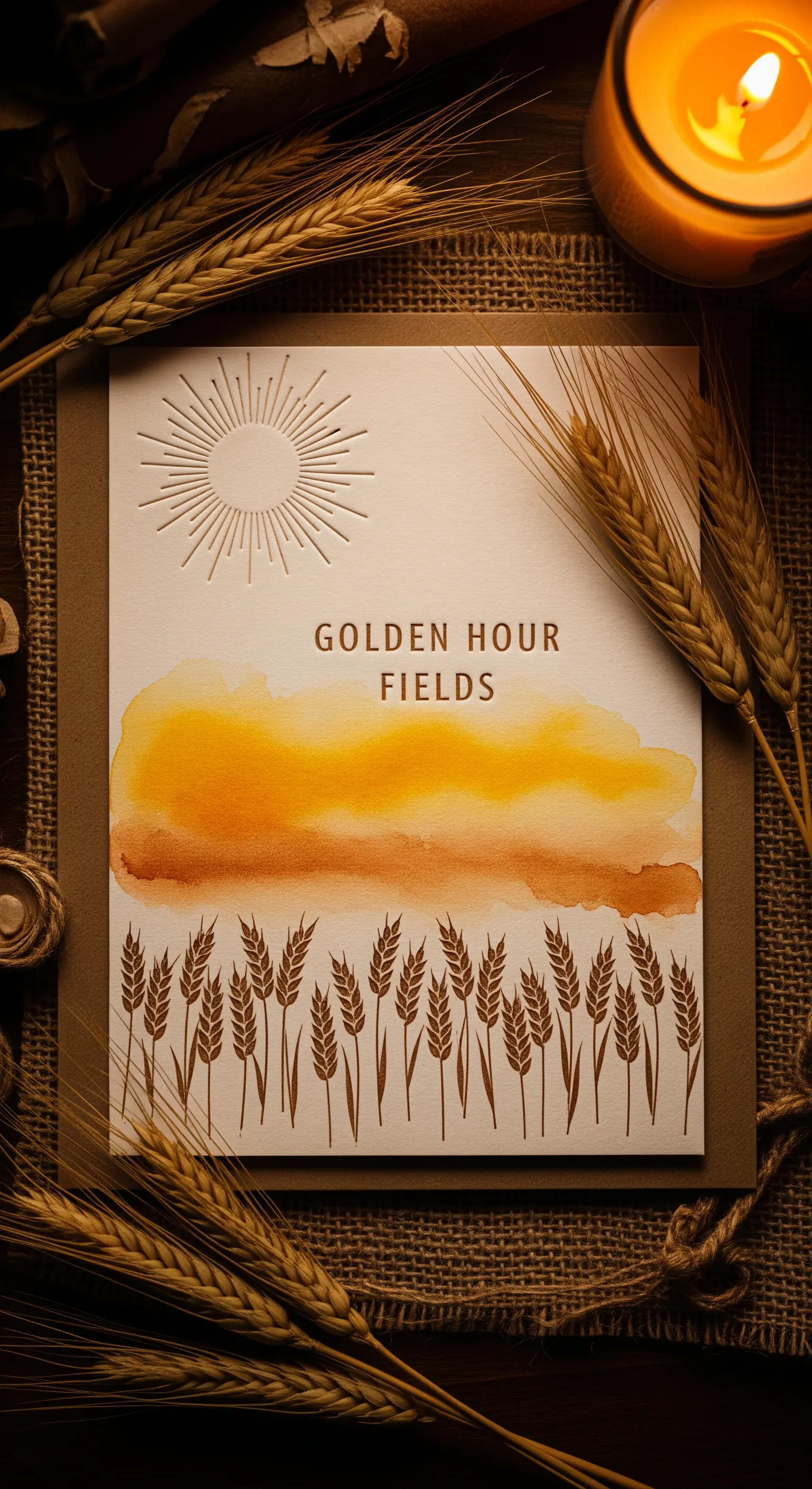 Invito con spighe di grano stampate, sfondo ad acquerello giallo e sole in rilievo.