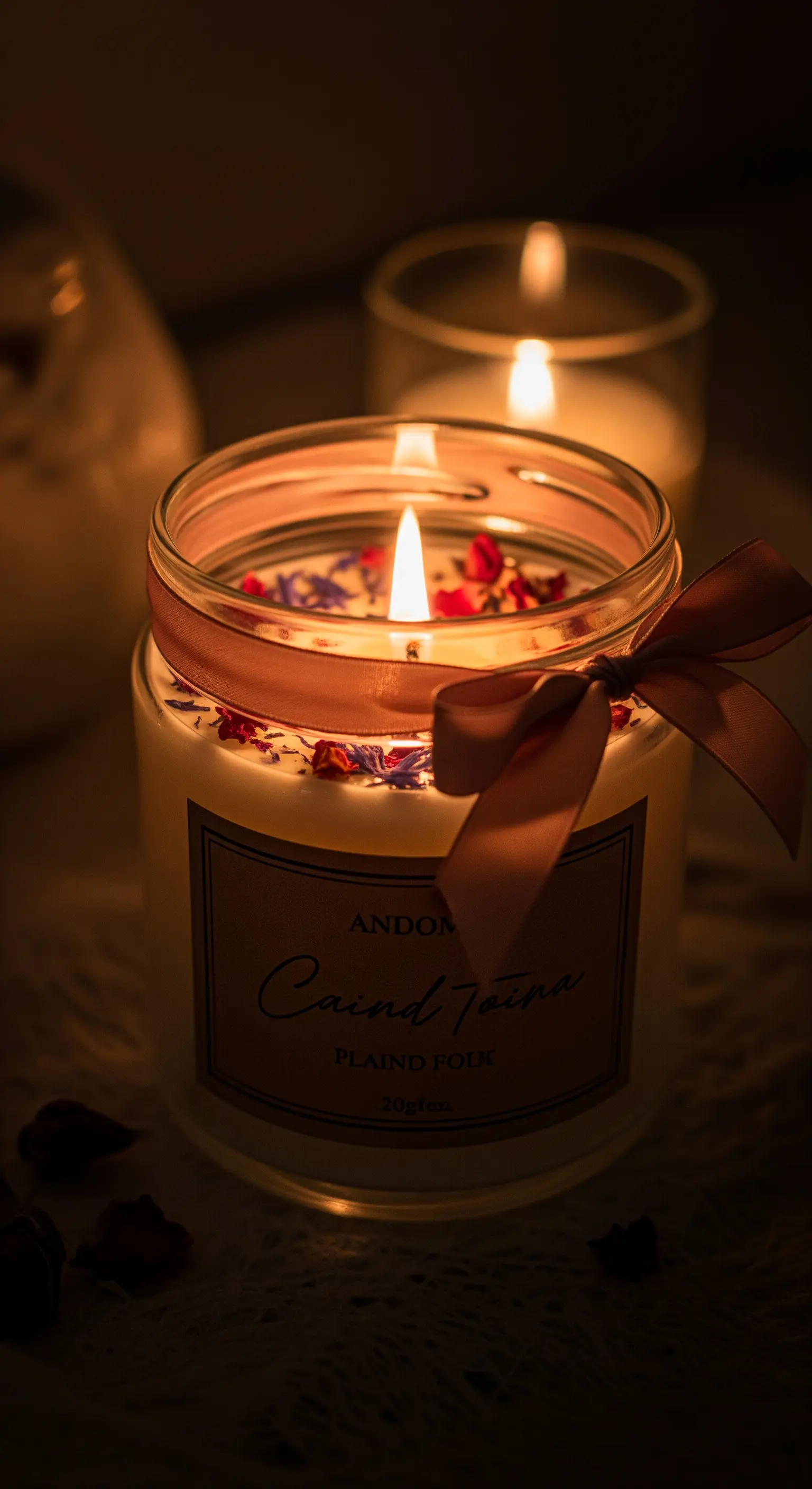 Candela artigianale in un vasetto di vetro, decorata con petali e un nastro di raso.