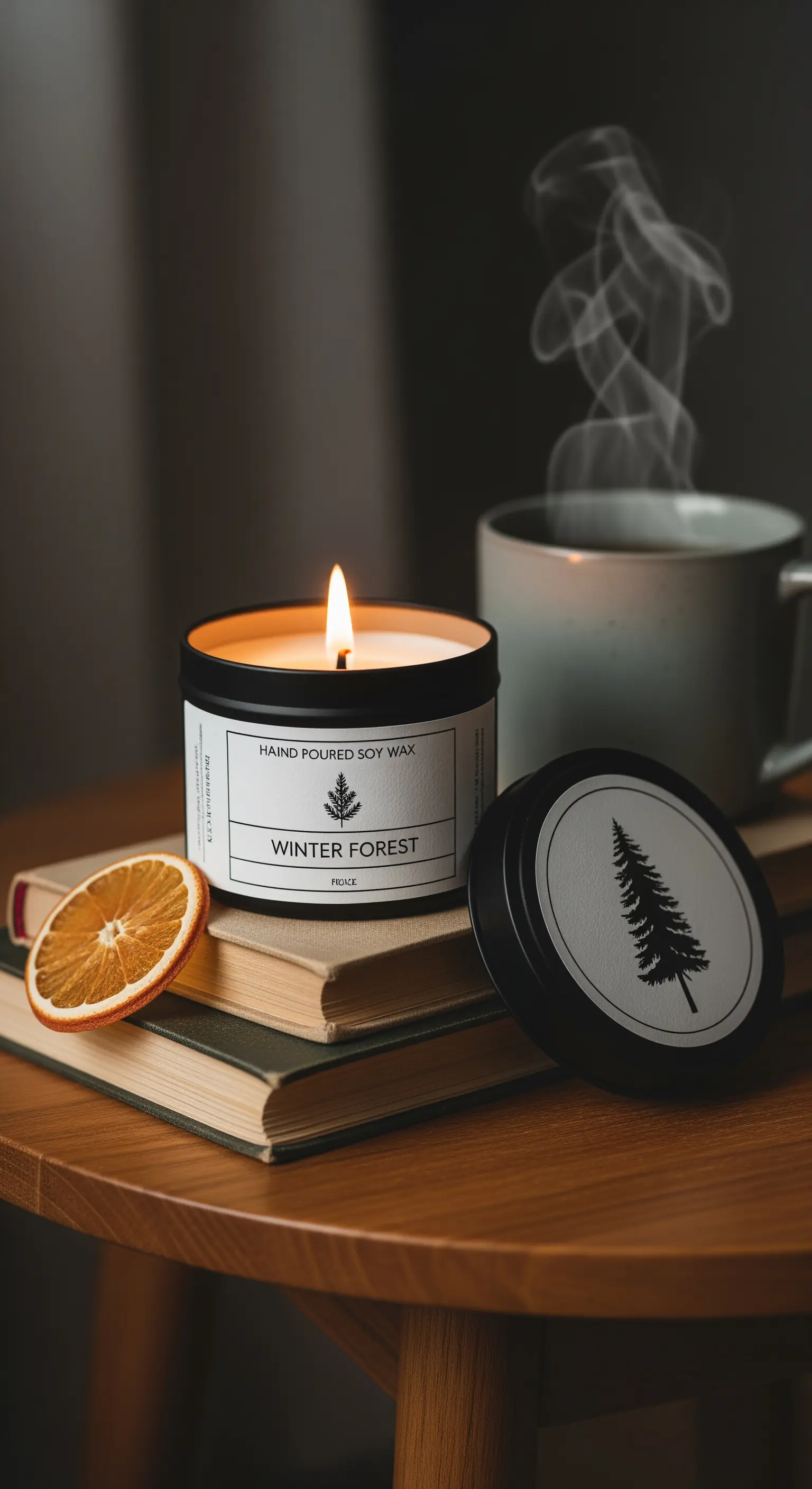 Candela profumata in un barattolo nero su una pila di libri, con una fetta d'arancia secca.