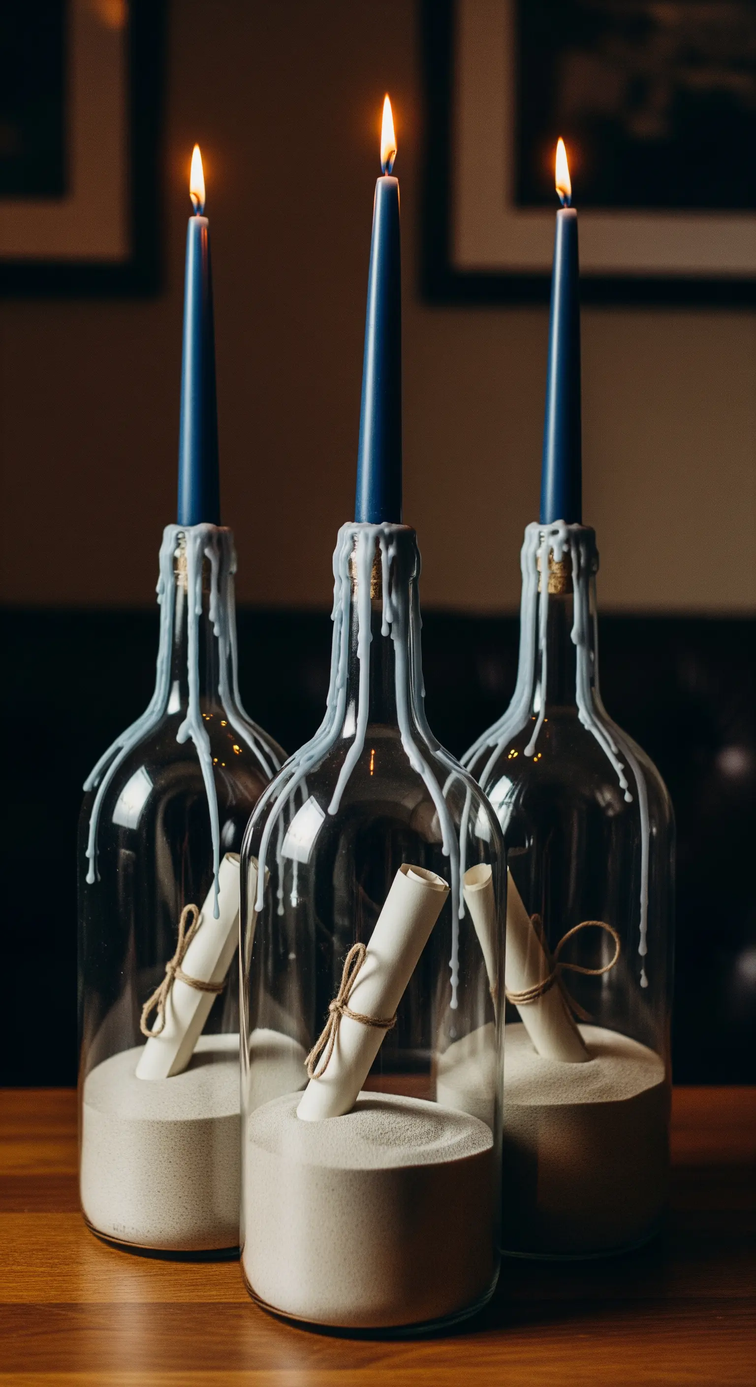 Tre bottiglie di vetro con sabbia e messaggi, usate come candelabri con cera blu colante.