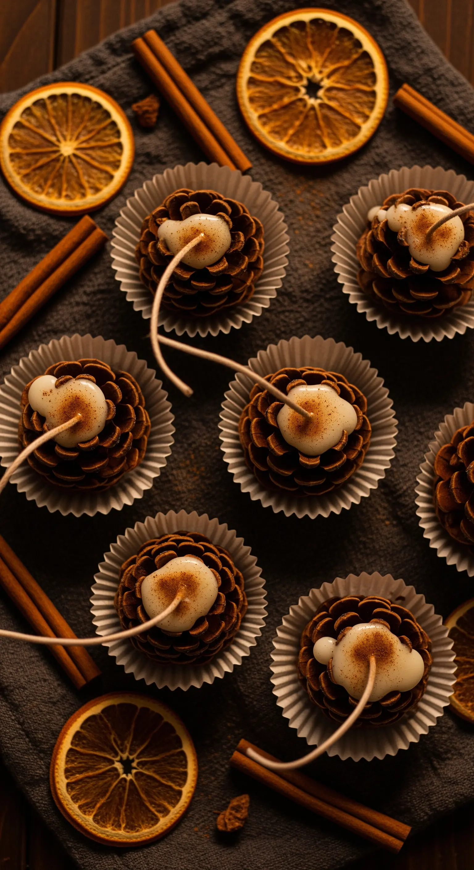 Piccole candele a forma di pigna disposte su un panno scuro con cannella e arancia secca.