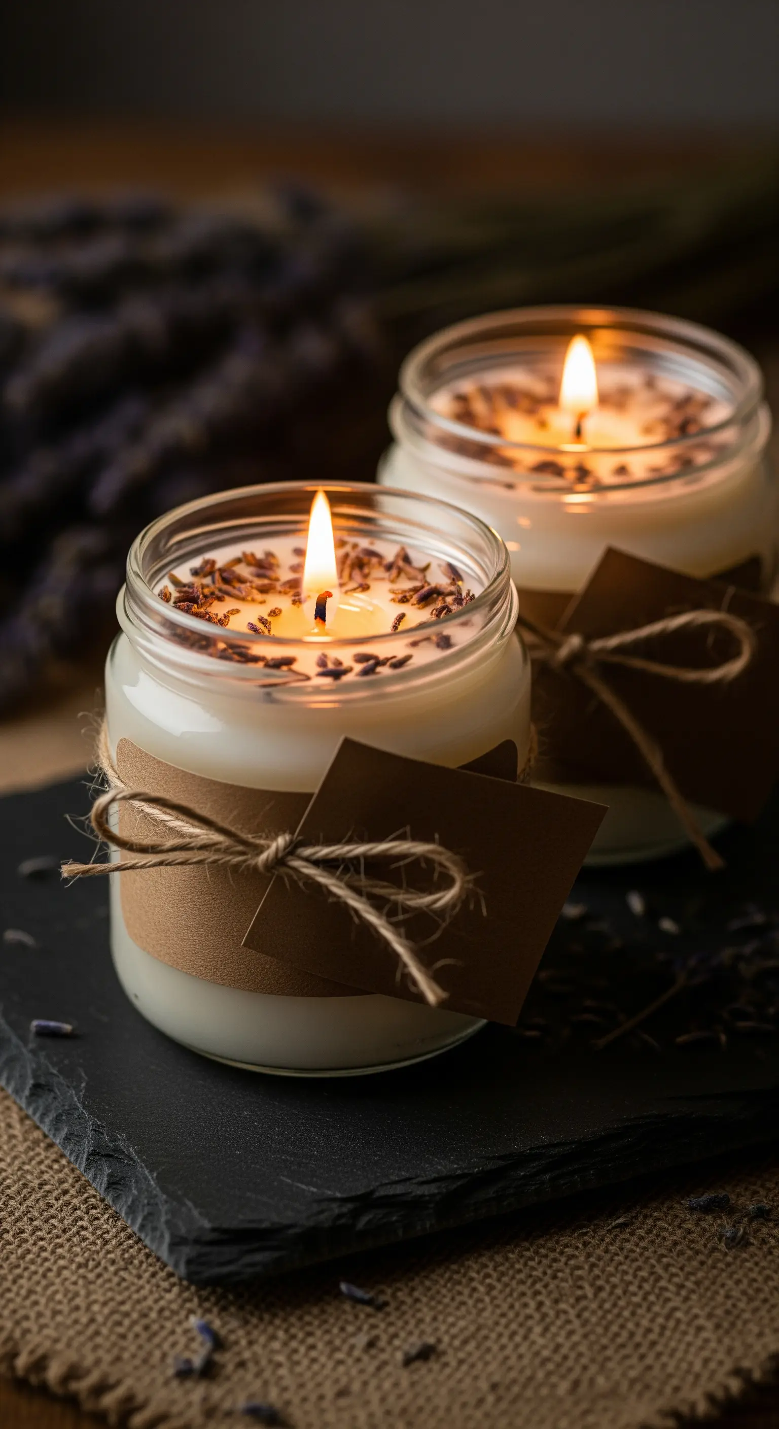 Candele alla lavanda fatte in casa, versate in barattoli di vetro e decorate con etichette kraft.