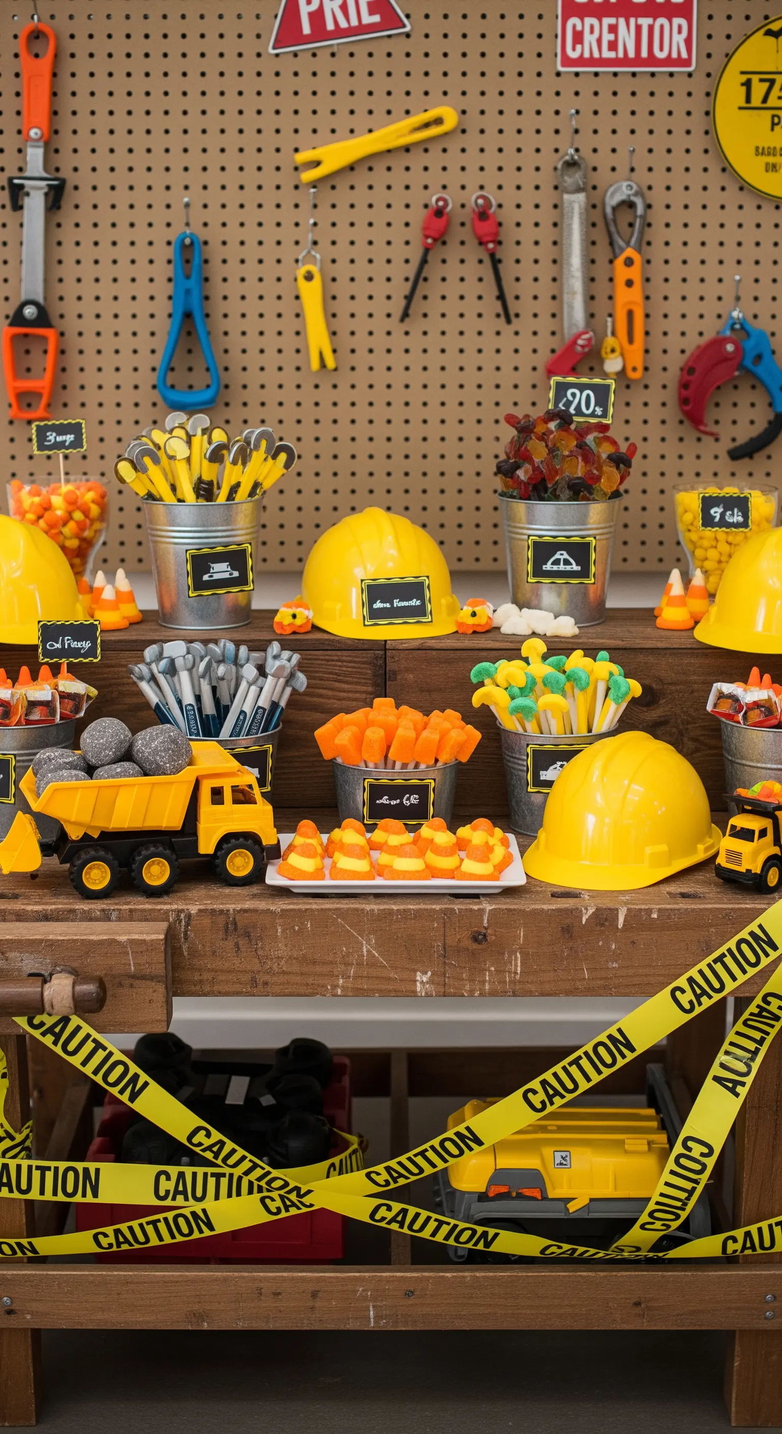 Candy bar a tema cantiere con camion giocattolo, caschi e attrezzi su un banco di legno