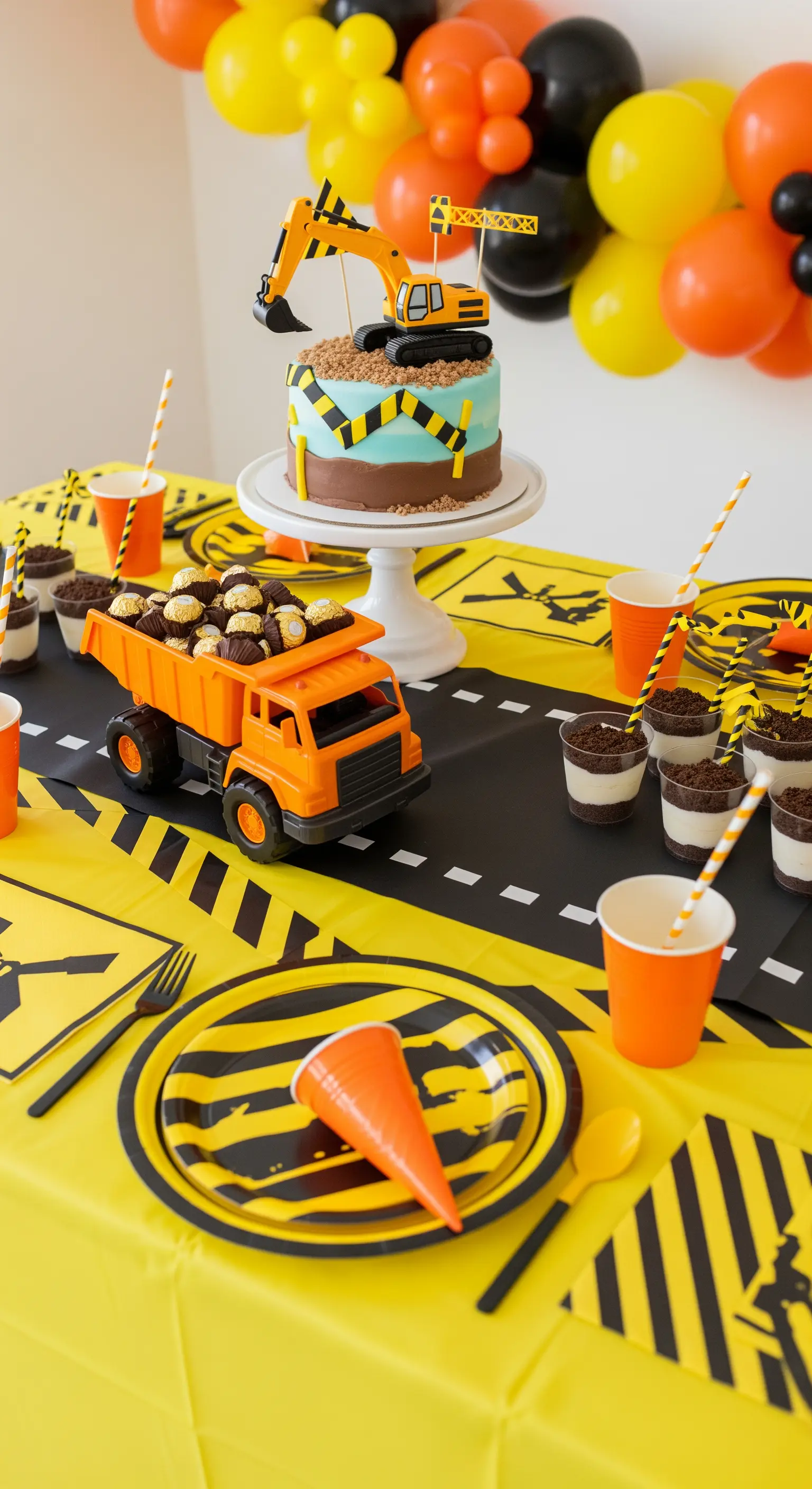 Festa a tema cantiere con torta con escavatore, camion giocattolo e decorazioni gialle e nere.