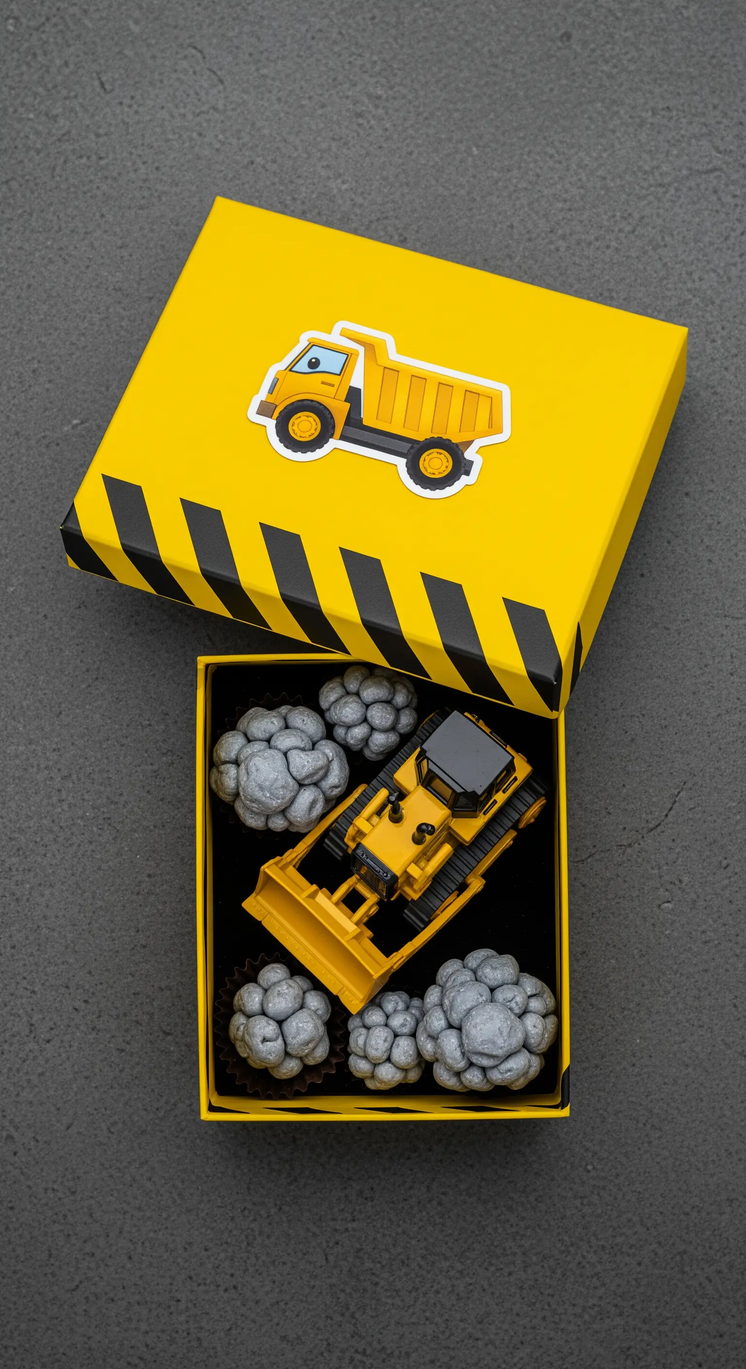 Regalino a tema cantiere con scatola gialla, ruspa giocattolo e dolcetti a forma di sassi.