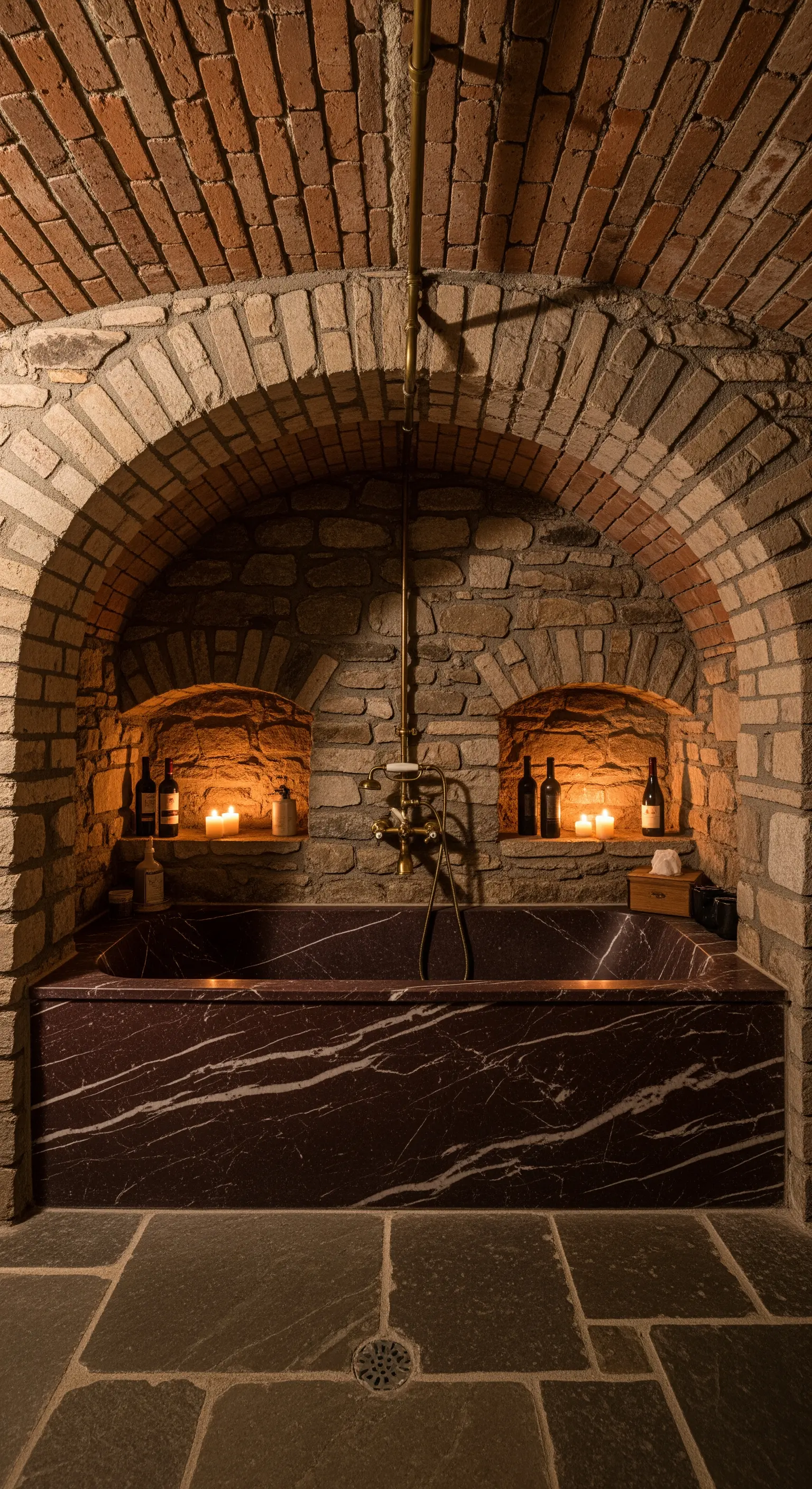 Vasca in marmo scuro in una cantina con pareti in pietra e volte a mattoni, illuminata da candele.
