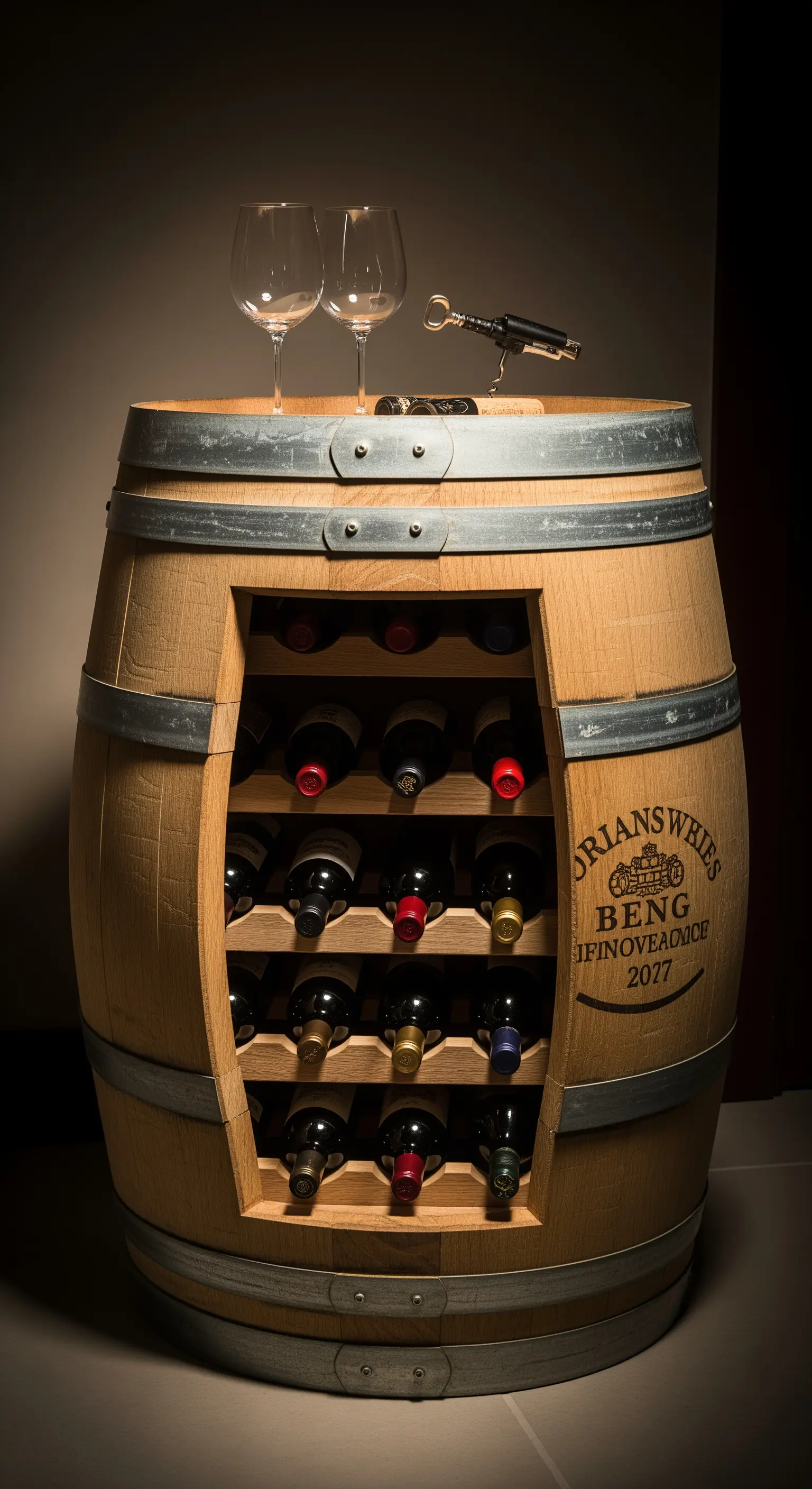 Botte di vino con una sezione tagliata e trasformata in una cantinetta per bottiglie.