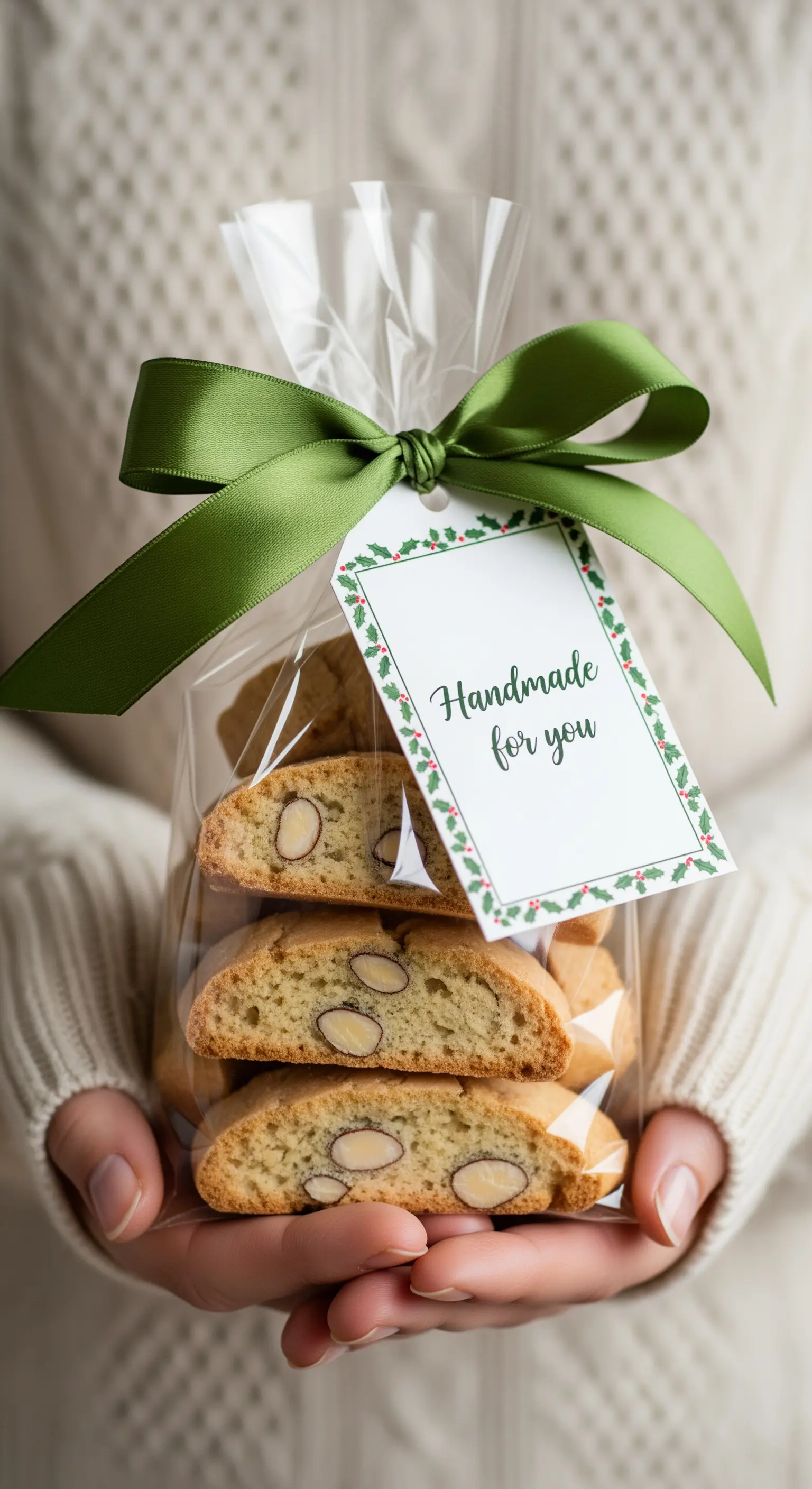Sacchetto trasparente di cantucci fatti in casa, chiuso da un nastro di raso verde.