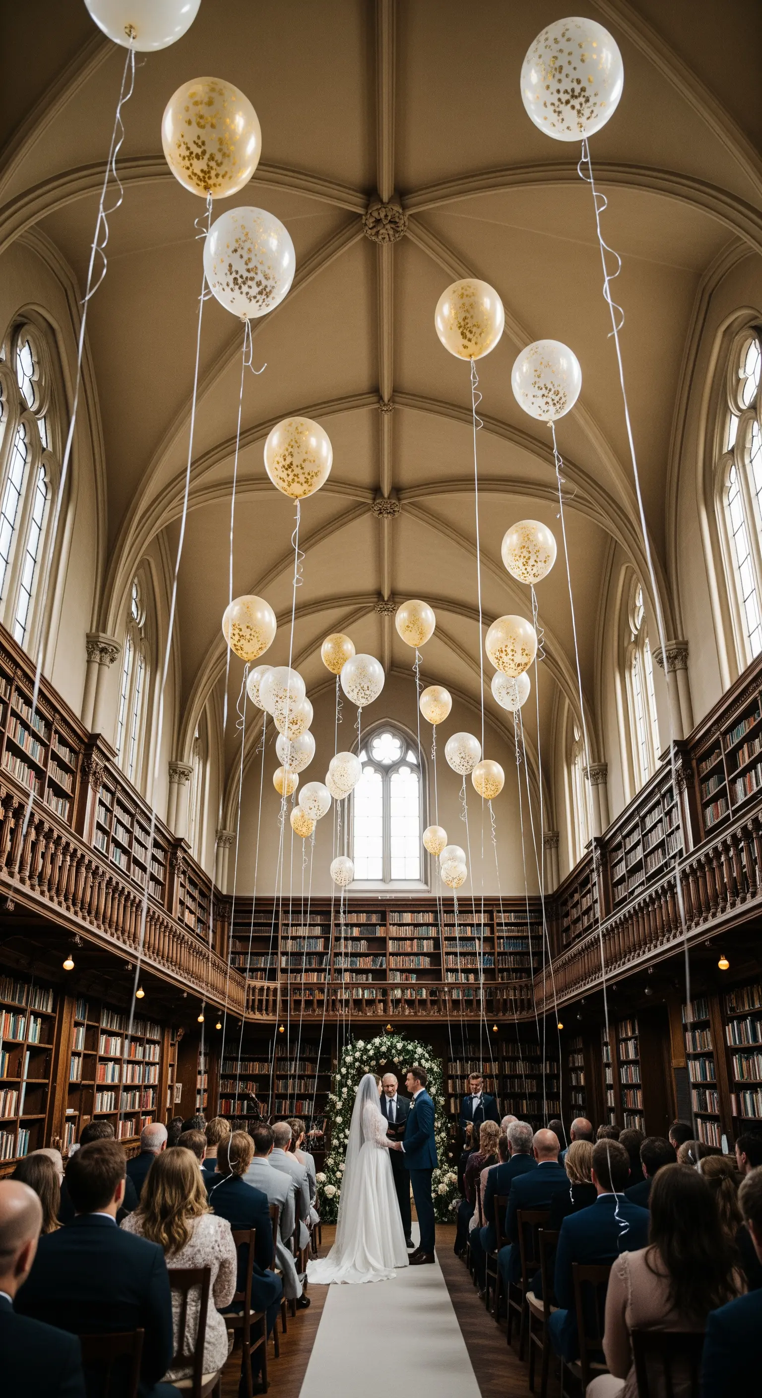 Palloncini bianchi e oro fluttuano verso il soffitto a volta di una biblioteca durante un matrimonio.