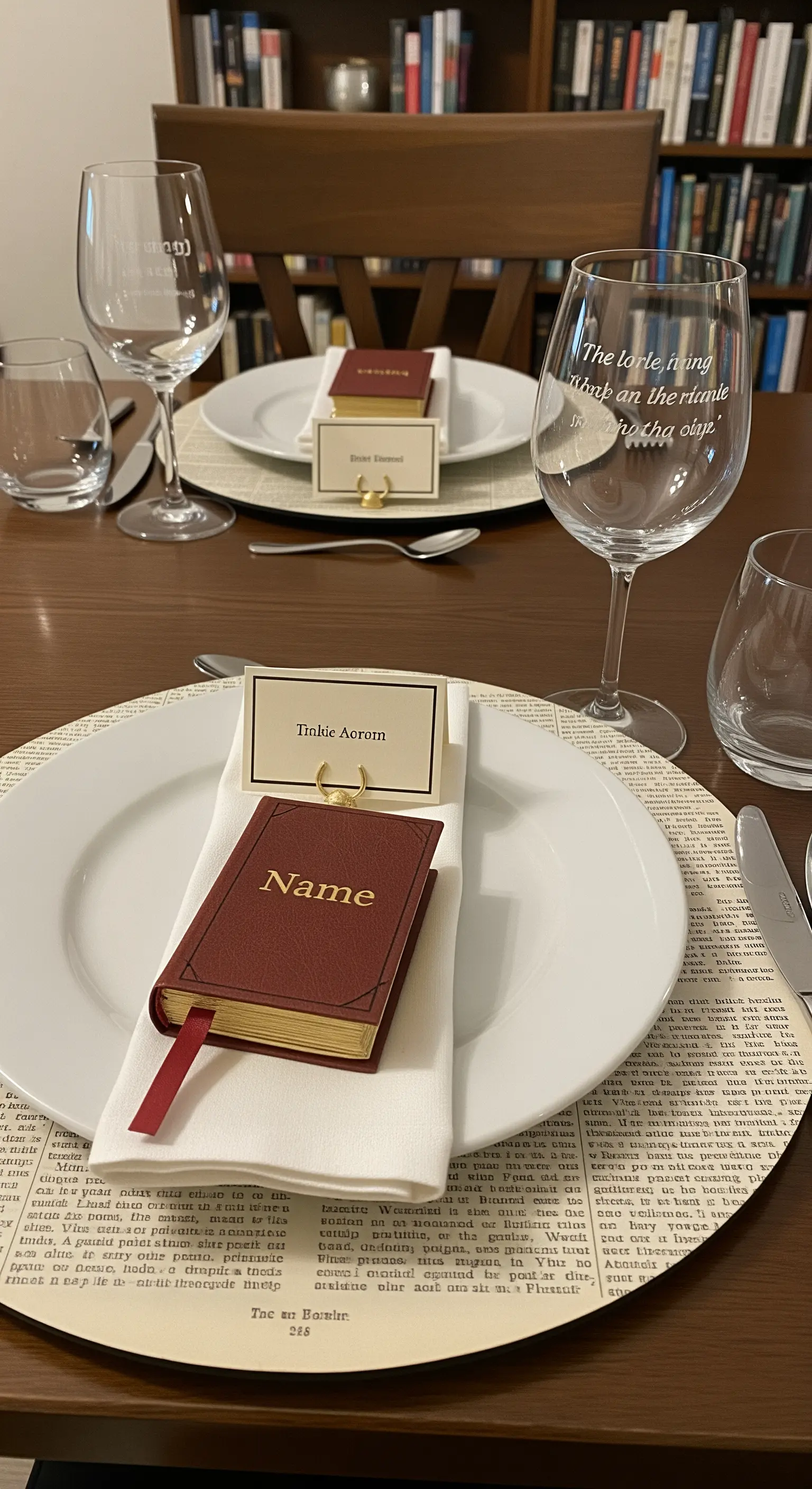 Tavola a tema letterario con tovaglietta fatta di pagine di libri e segnaposto a forma di libro