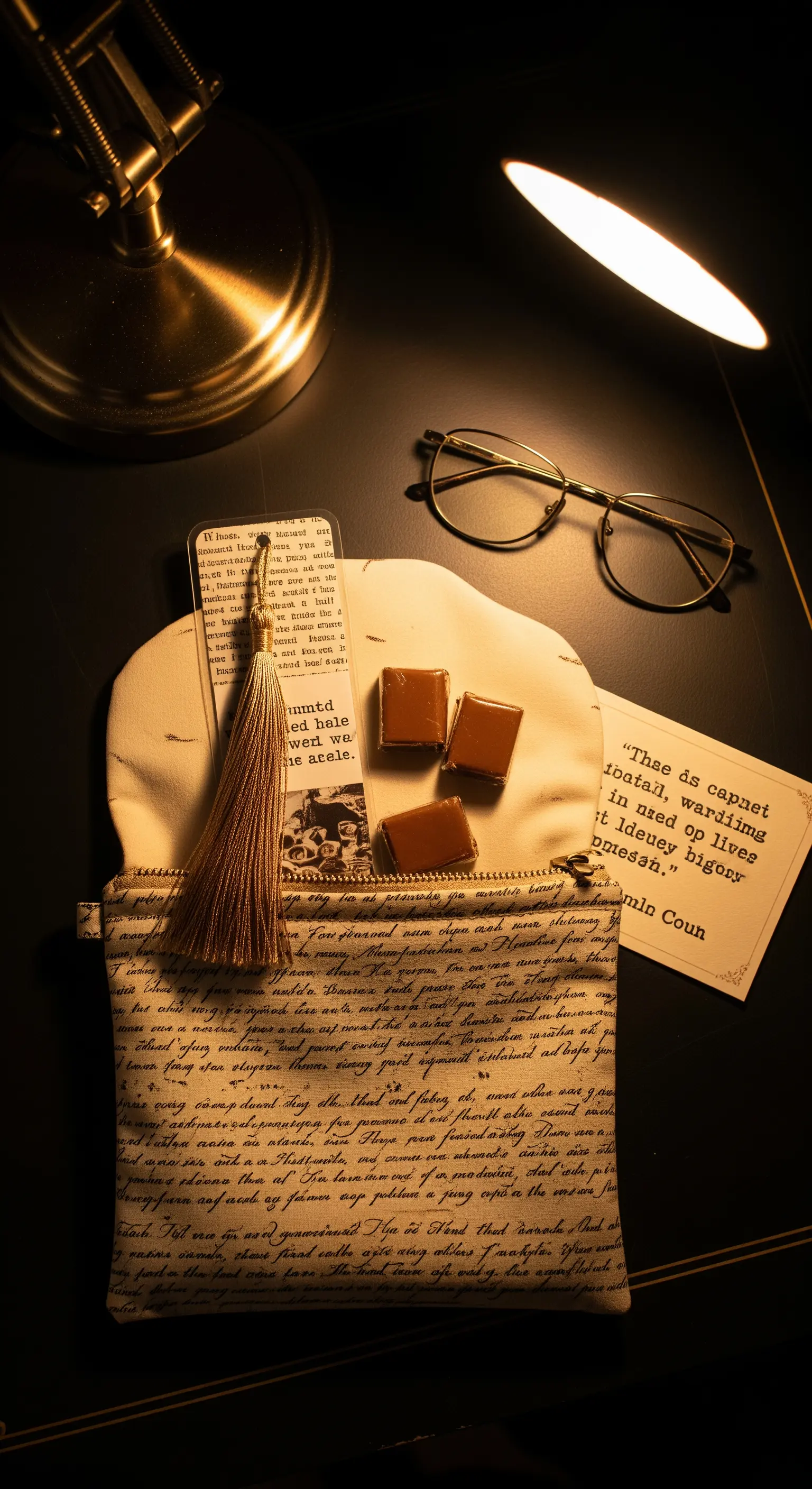 Pochette con stampa di testo antico, segnalibro e caramelle al mou su una scrivania scura.