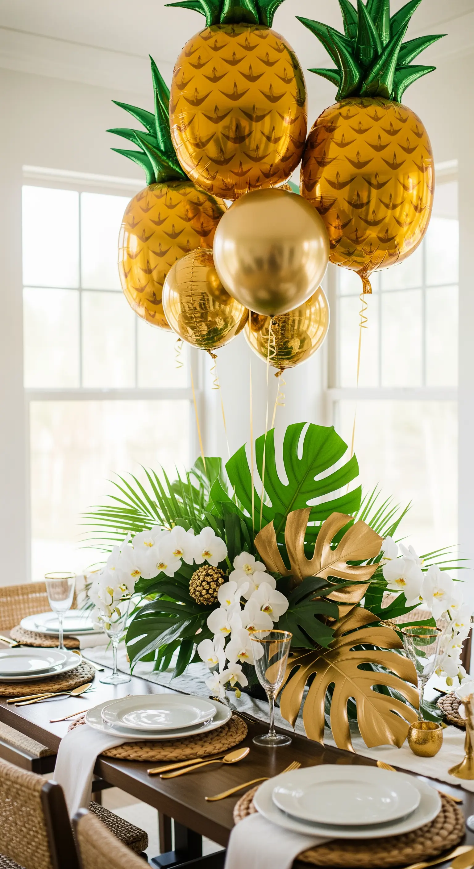 Centrotavola tropicale con foglie di monstera dorate, orchidee bianche e palloncini-ananas.