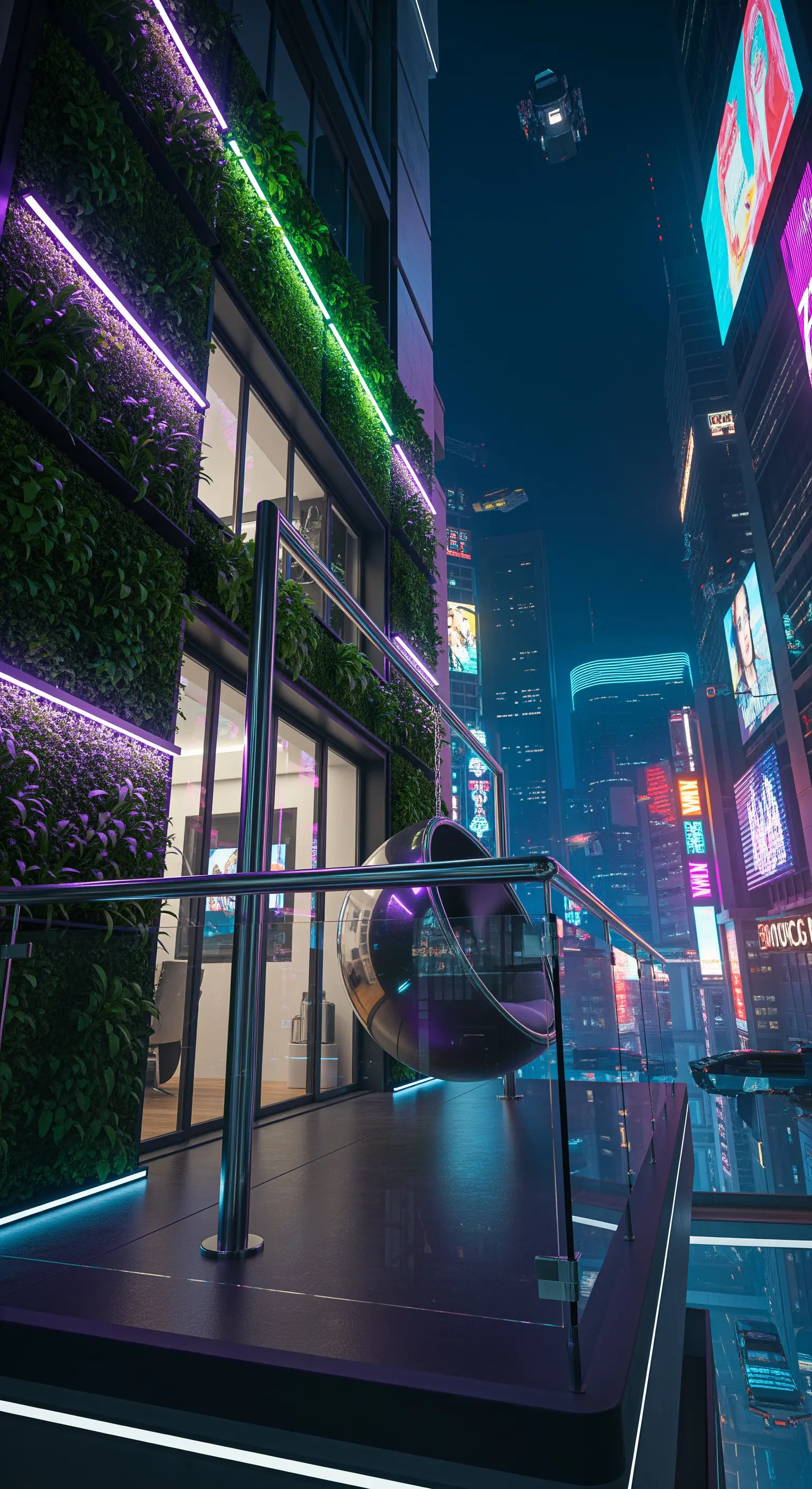 Sedia sospesa dal design futuristico su un balcone high-tech con luci al neon viola e verdi.