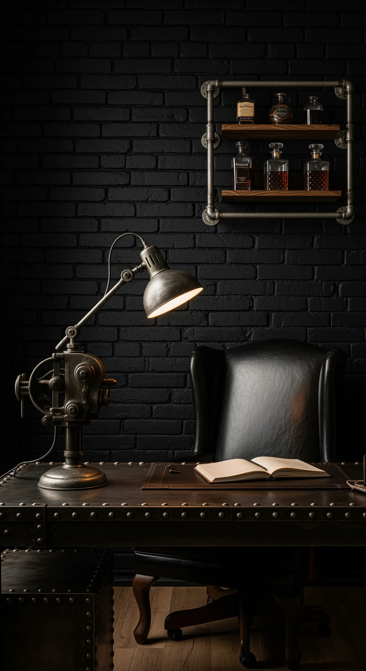Scrivania metallica con borchie e poltrona in pelle nera su sfondo di mattoni scuri.