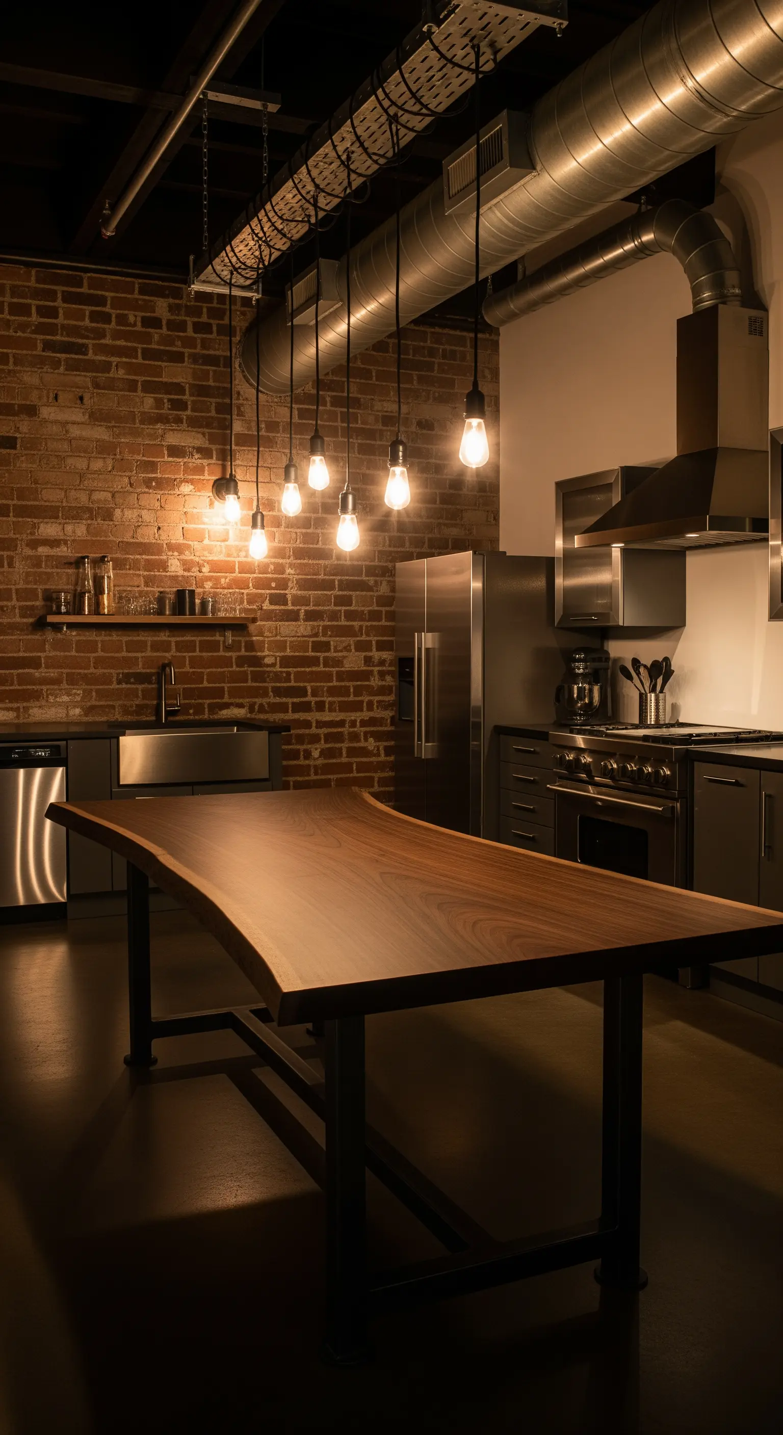 Cucina industriale con parete di mattoni, tavolo in legno massiccio e lampadine Edison sospese.