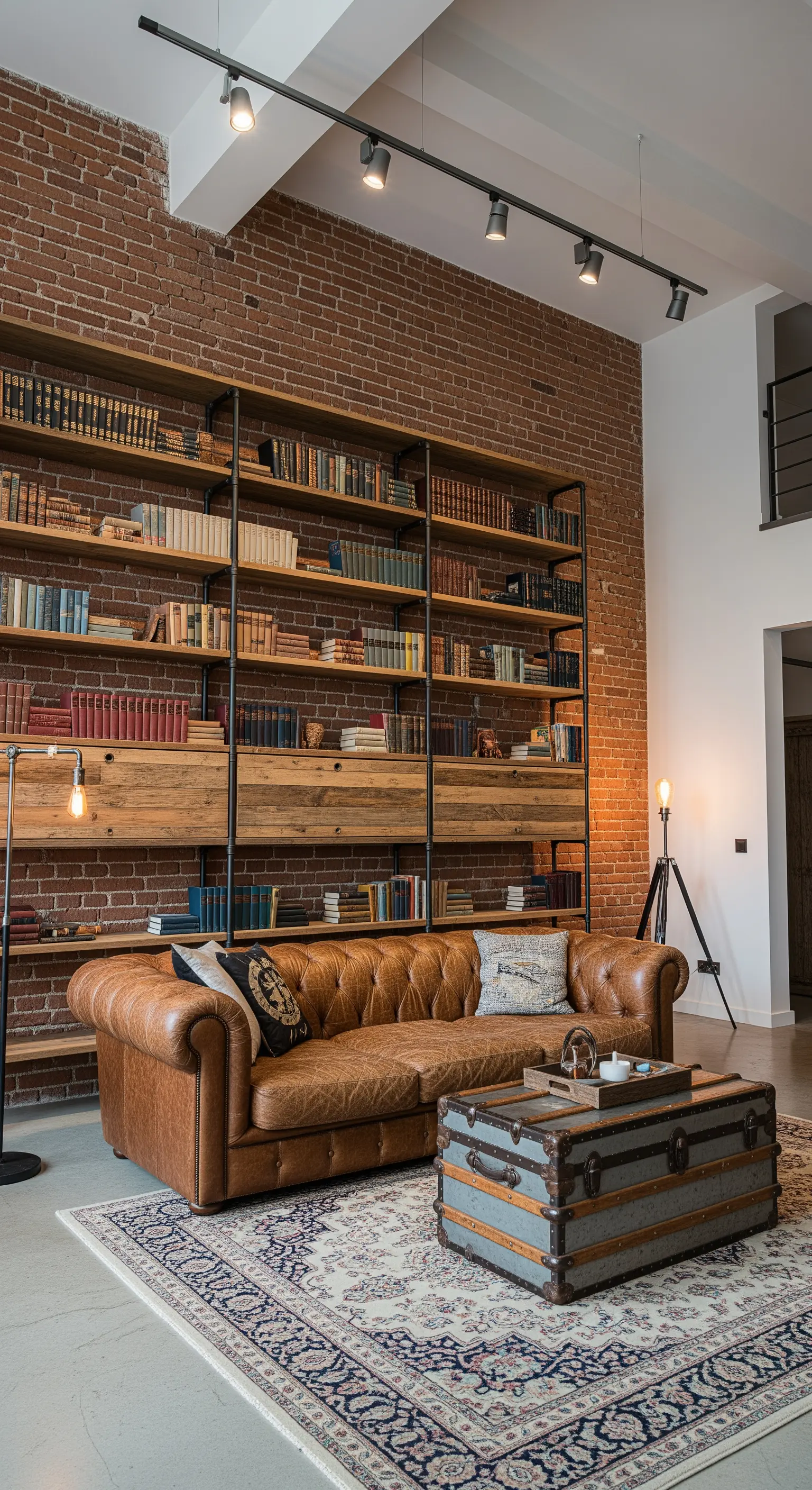 Salotto industriale con libreria in metallo e legno su una parete di mattoni.