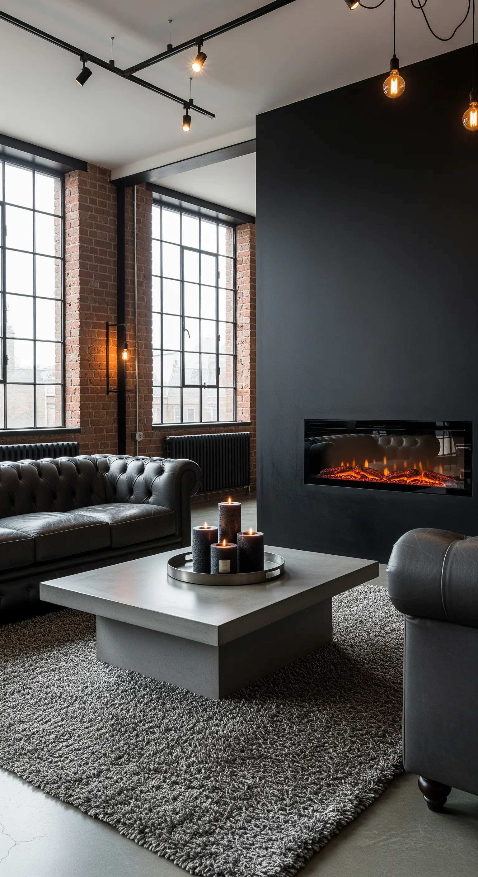Soggiorno industrial con parete nera, camino, divano in pelle e mattoni a vista.