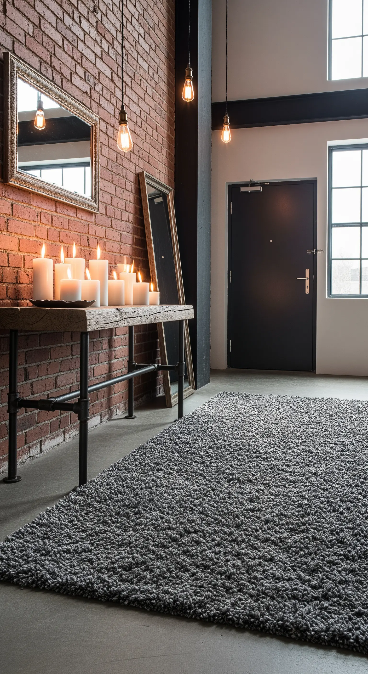 Ingresso in stile industriale con parete in mattoni, consolle con tubi e tappeto grigio a pelo lungo.