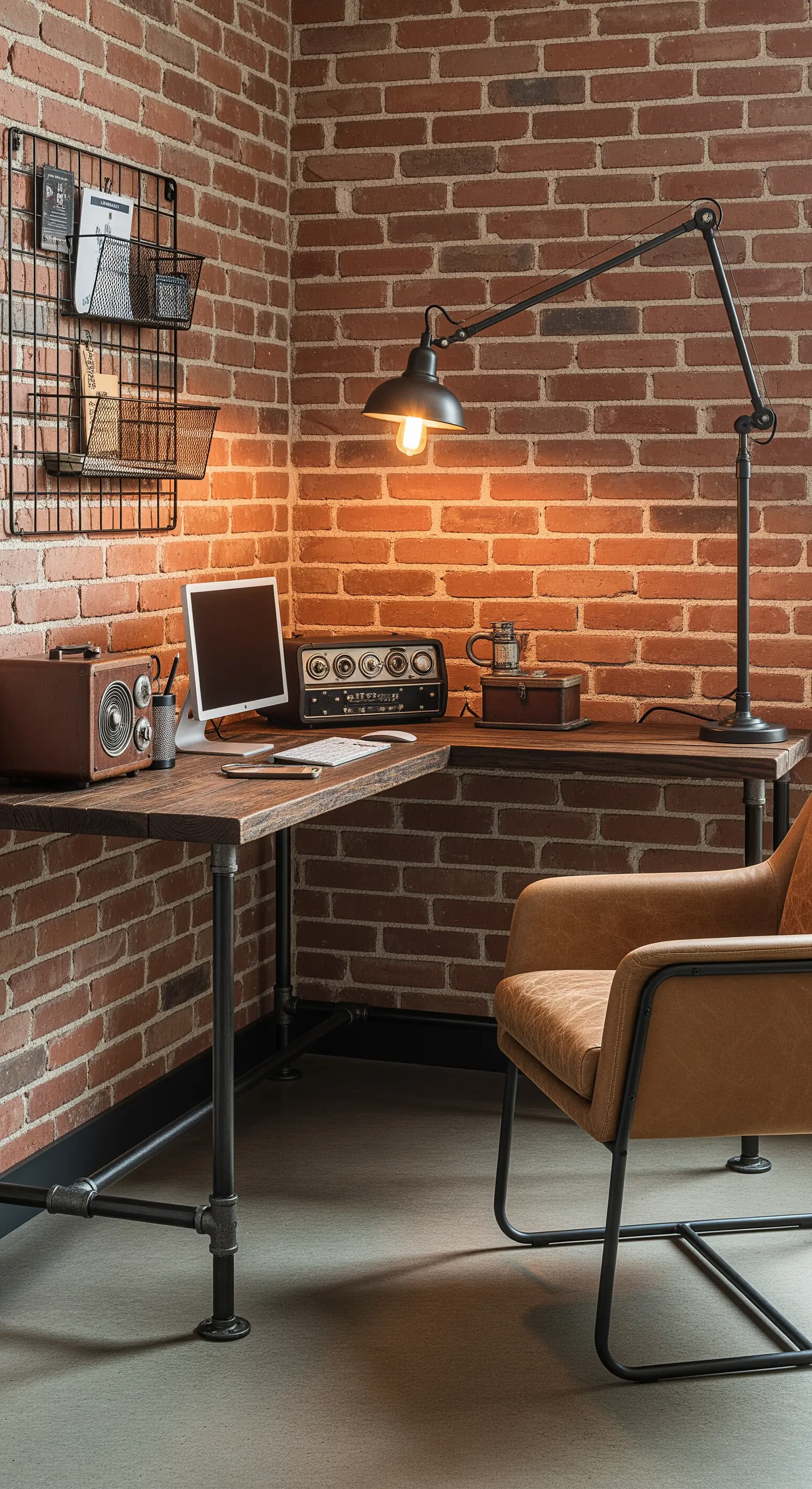 Scrivania a L in stile industriale con parete in mattoni e lampada orientabile.