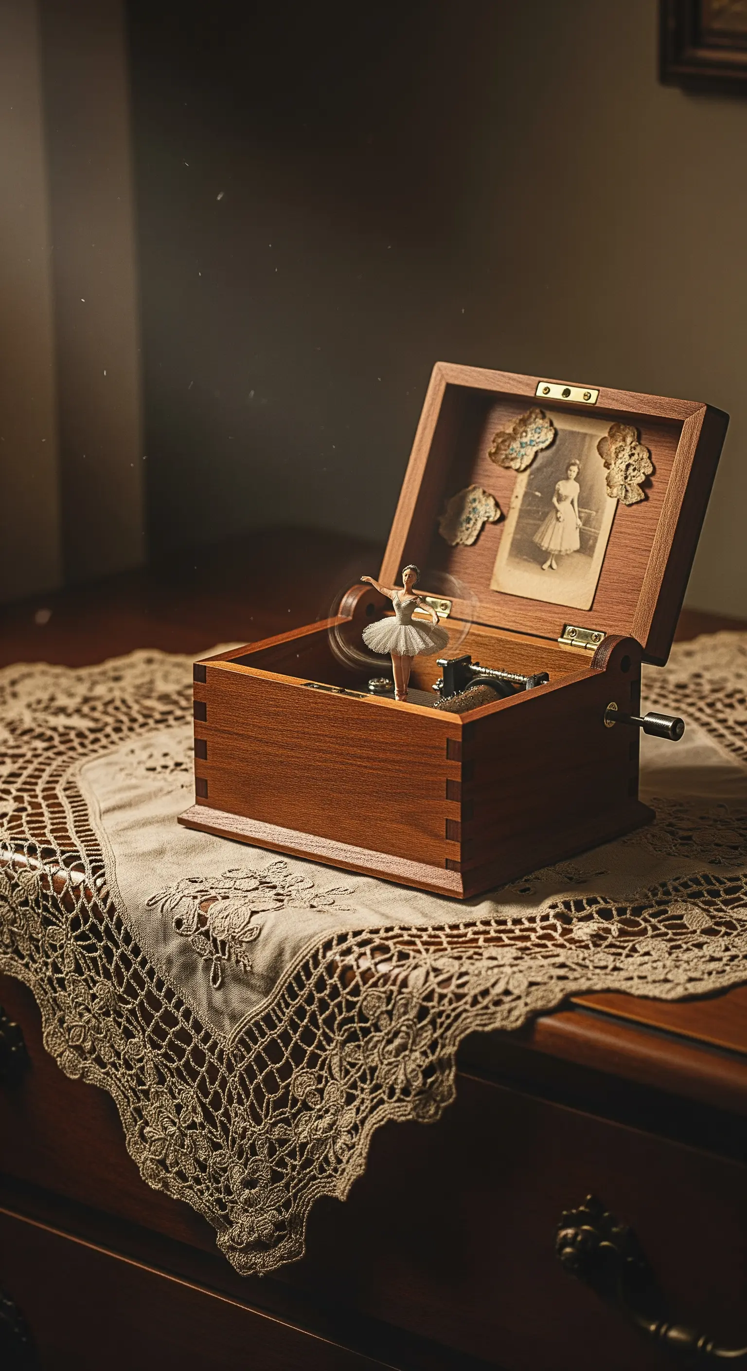 Carillon vintage in legno aperto, con una ballerina che danza e una vecchia foto nel coperchio.