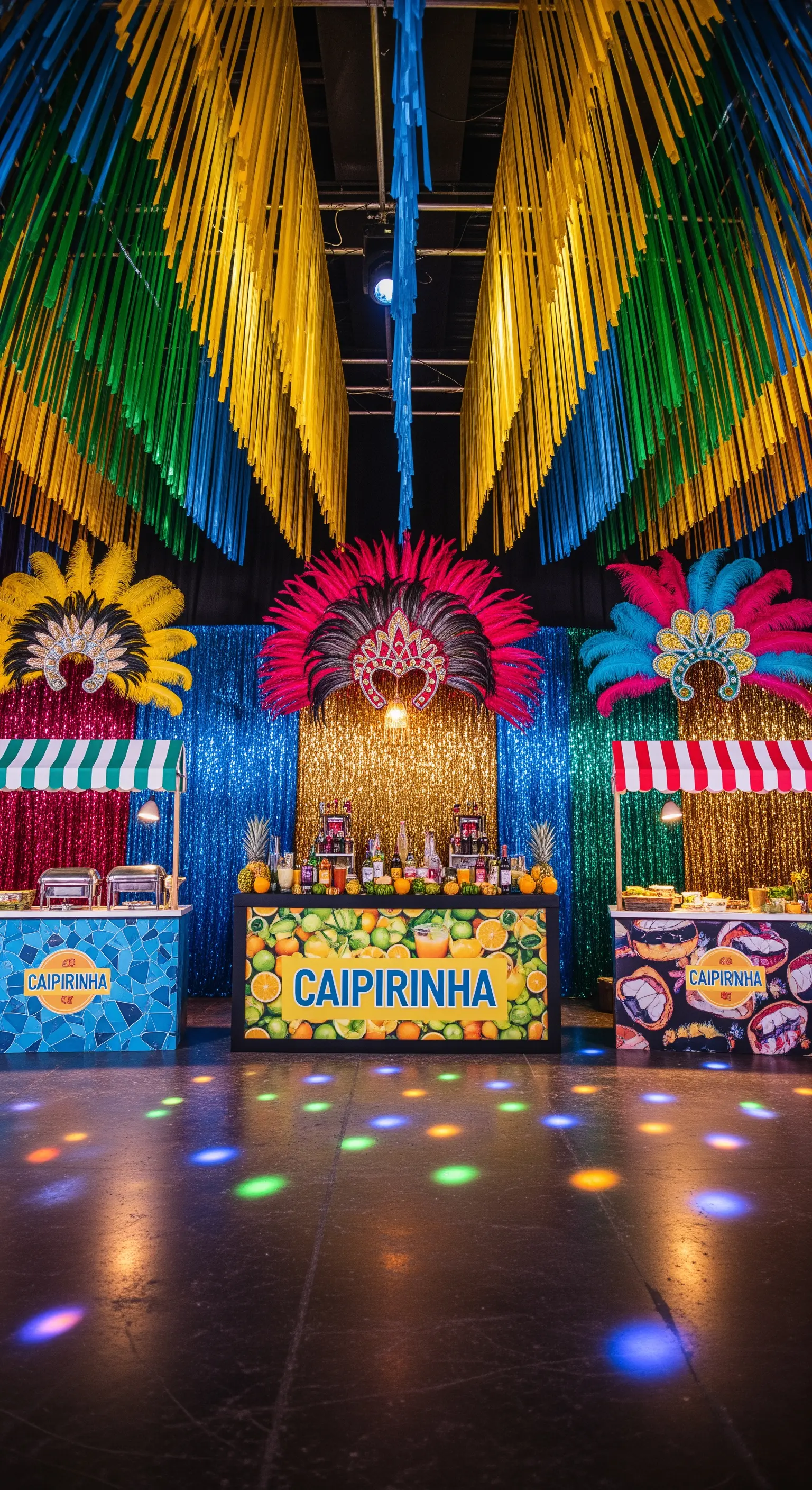 Allestimento a tema Carnevale di Rio con stand Caipirinha, festoni colorati e piume.