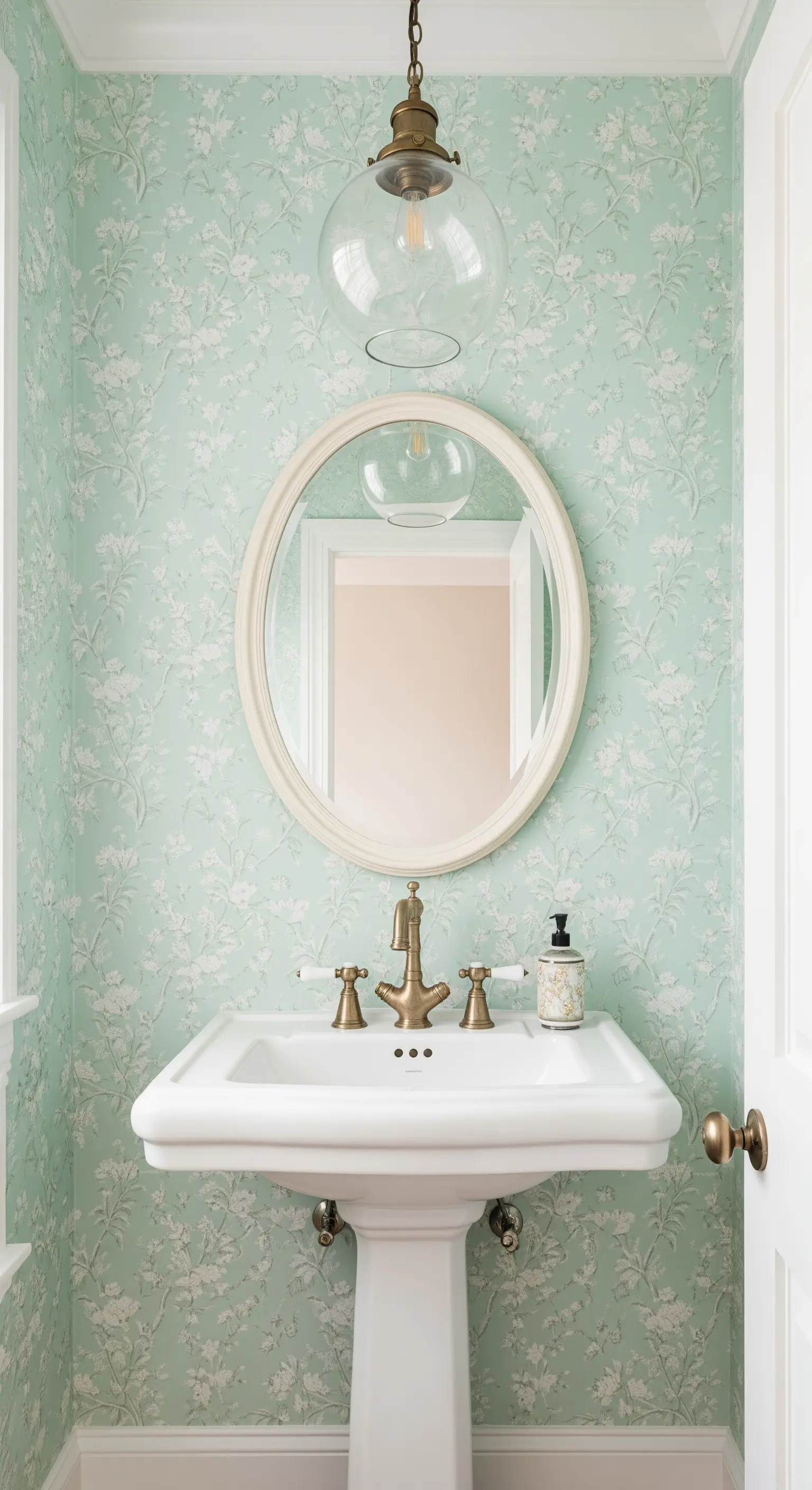 Bagno piccolo con carta da parati floreale verde, lavabo a colonna e rubinetteria in ottone anticato.