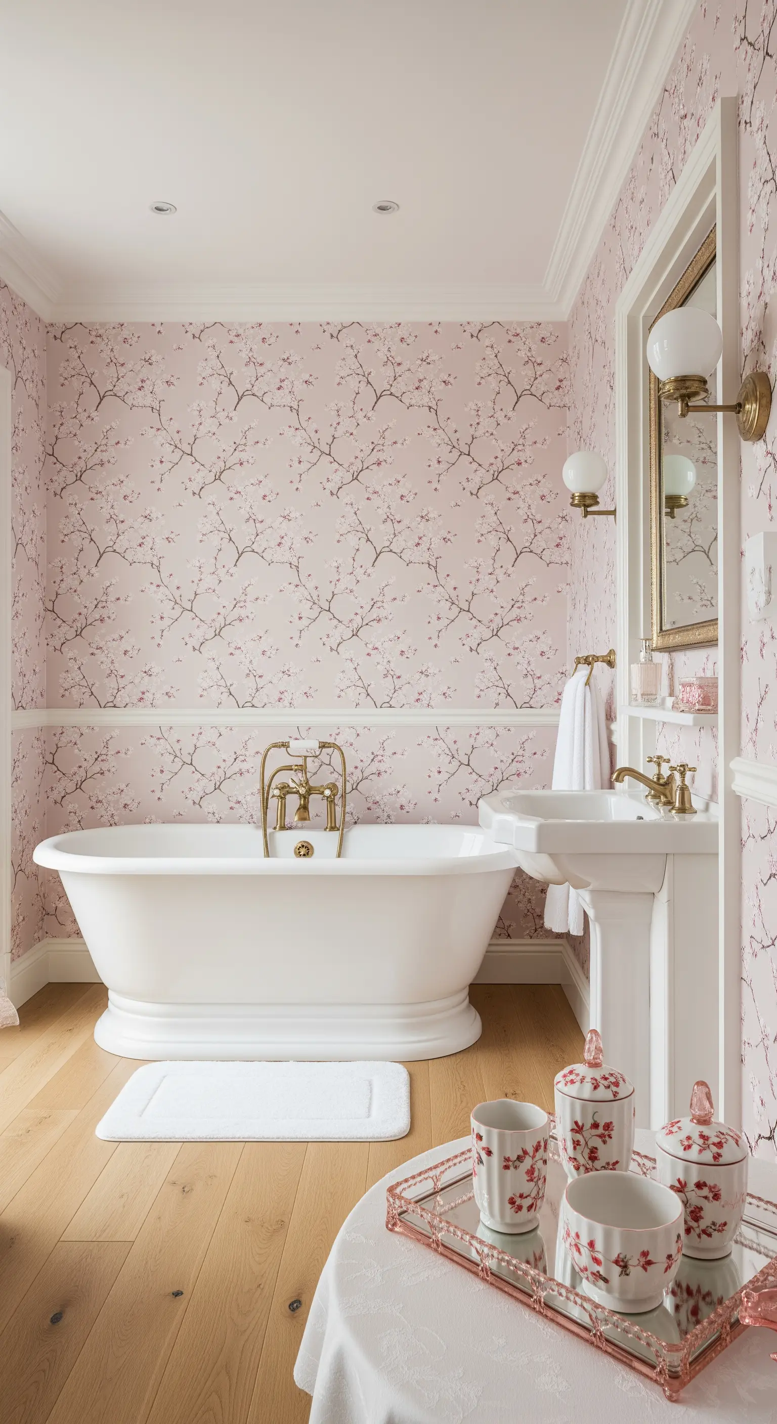 Bagno romantico completamente rivestito con carta da parati a fiori di ciliegio rosa.