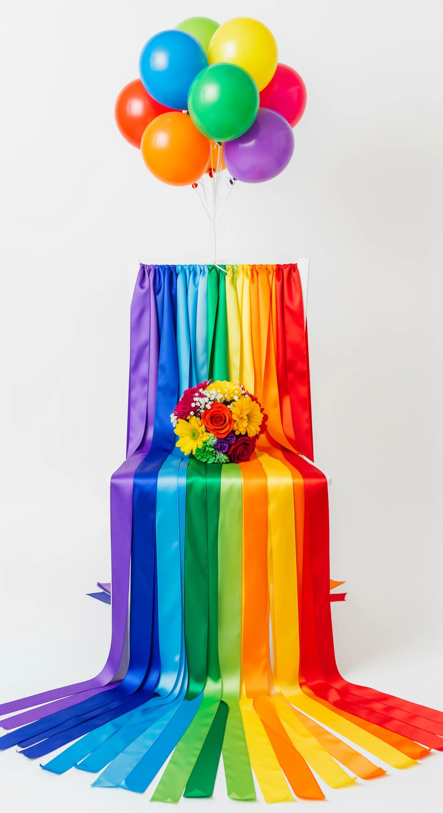 Sedia bianca decorata con una cascata di nastri arcobaleno, fiori e palloncini colorati.