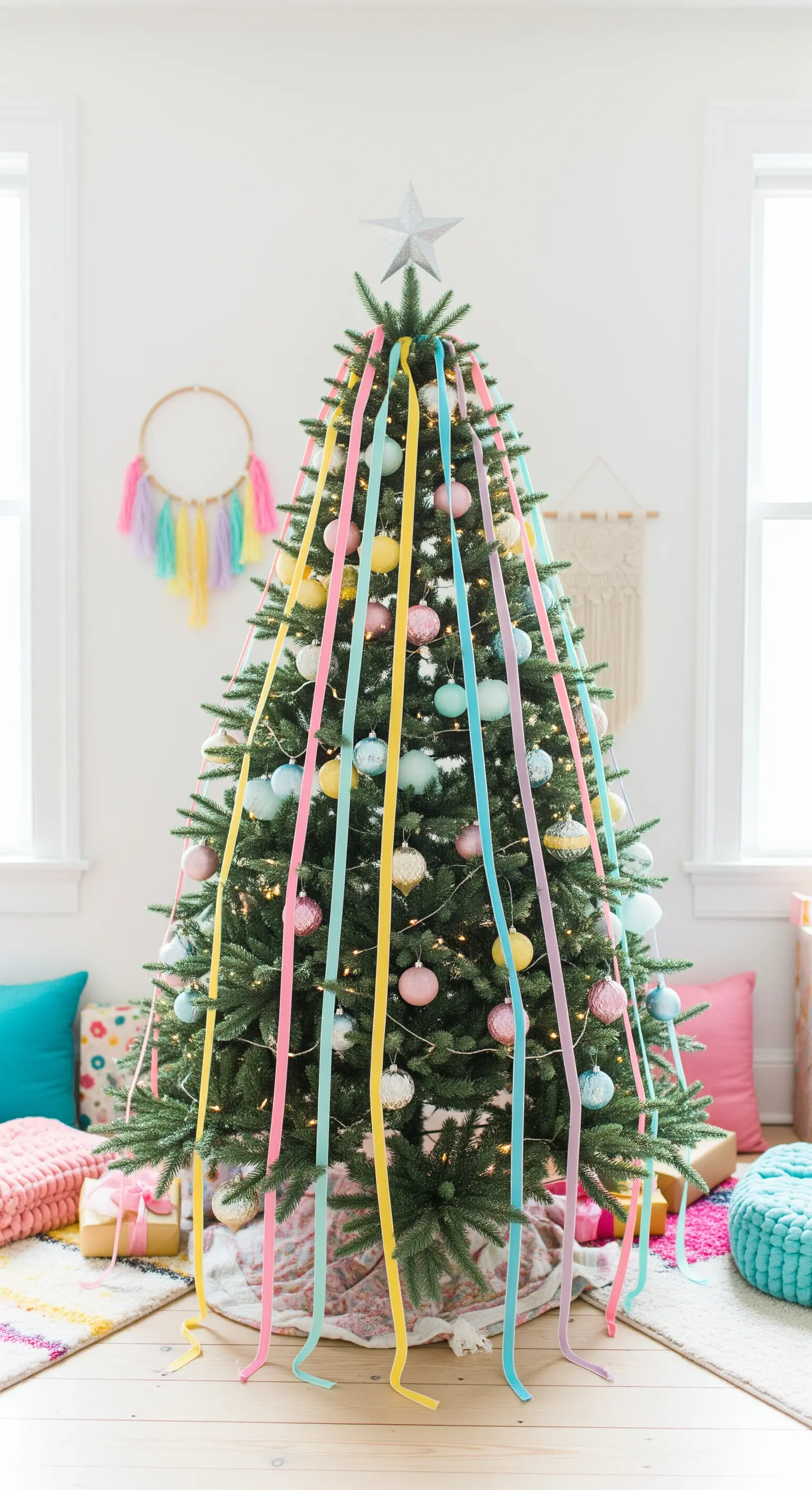 Albero di Natale decorato con lunghi e sottili nastri color pastello che scendono dalla cima