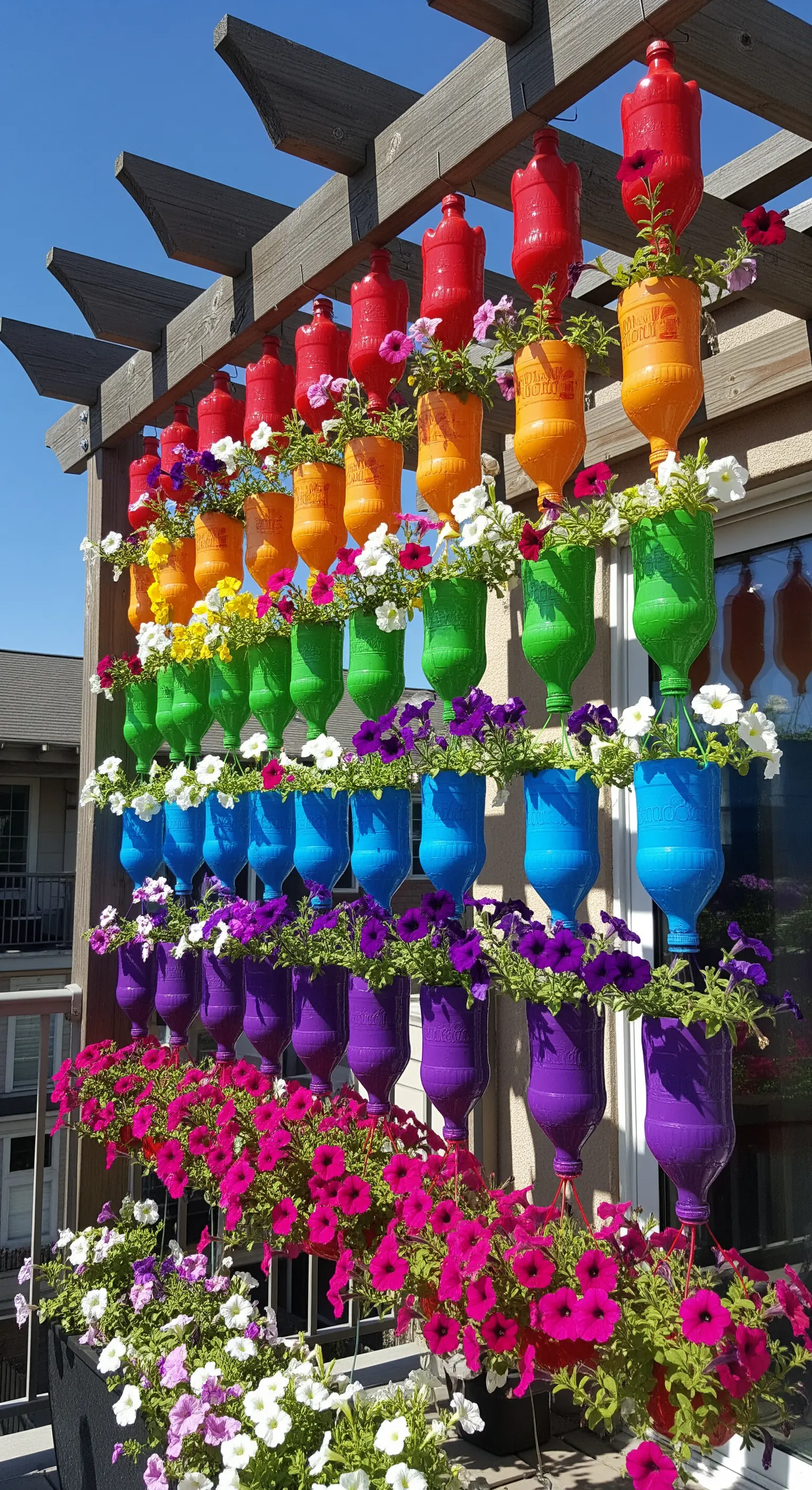 Fioriere colorate a formare un arcobaleno, appese a una pergola di legno e piene di fiori.