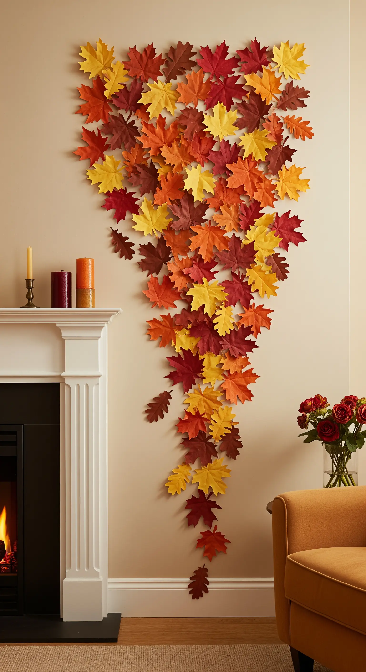 Una cascata di foglie autunnali di carta colorata decora la parete accanto a un camino.