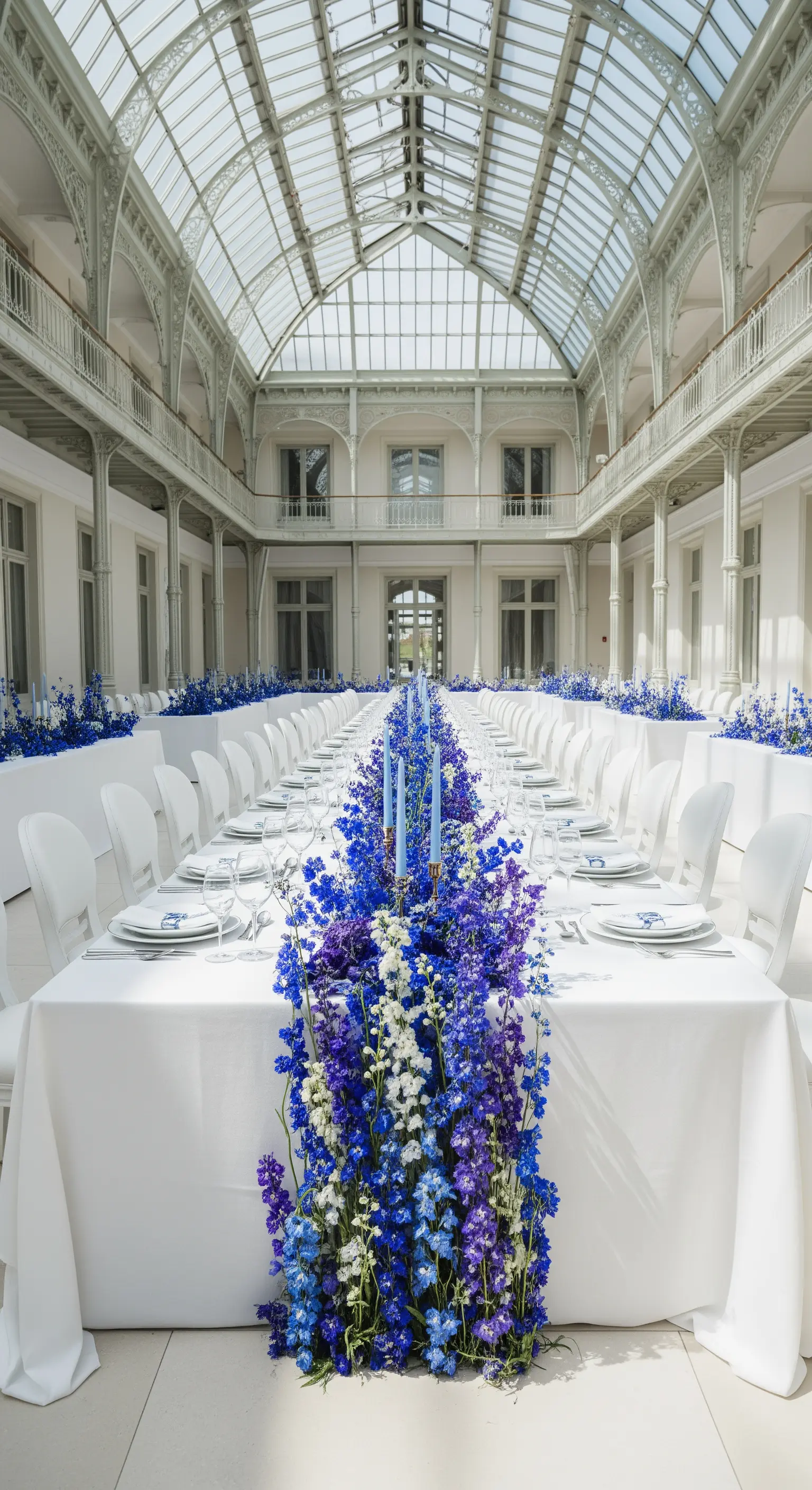 Tavolo imperiale bianco con una cascata di fiori blu e viola in una serra storica.