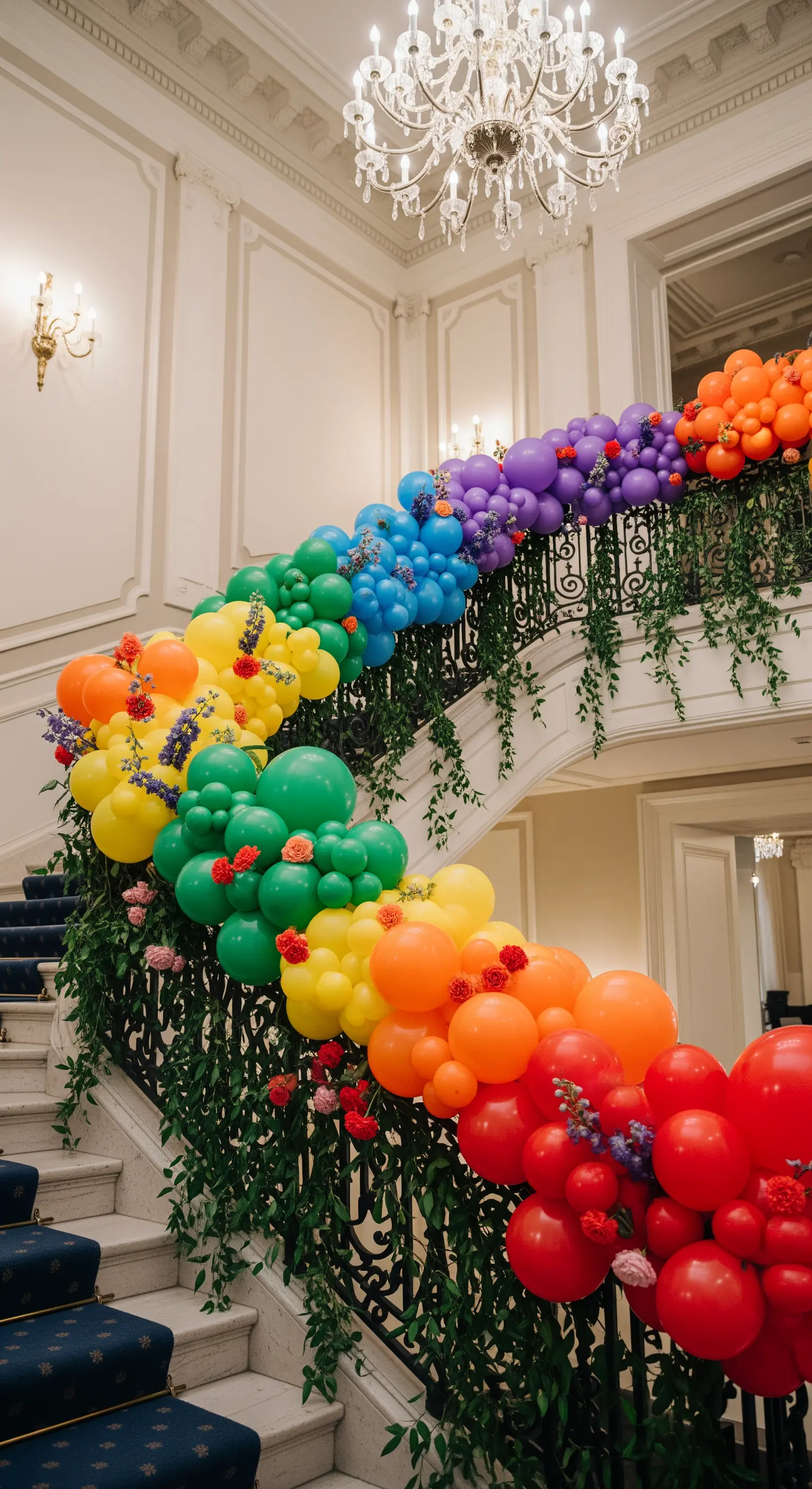 Elegante scalinata interna decorata con una cascata di palloncini arcobaleno e fogliame.