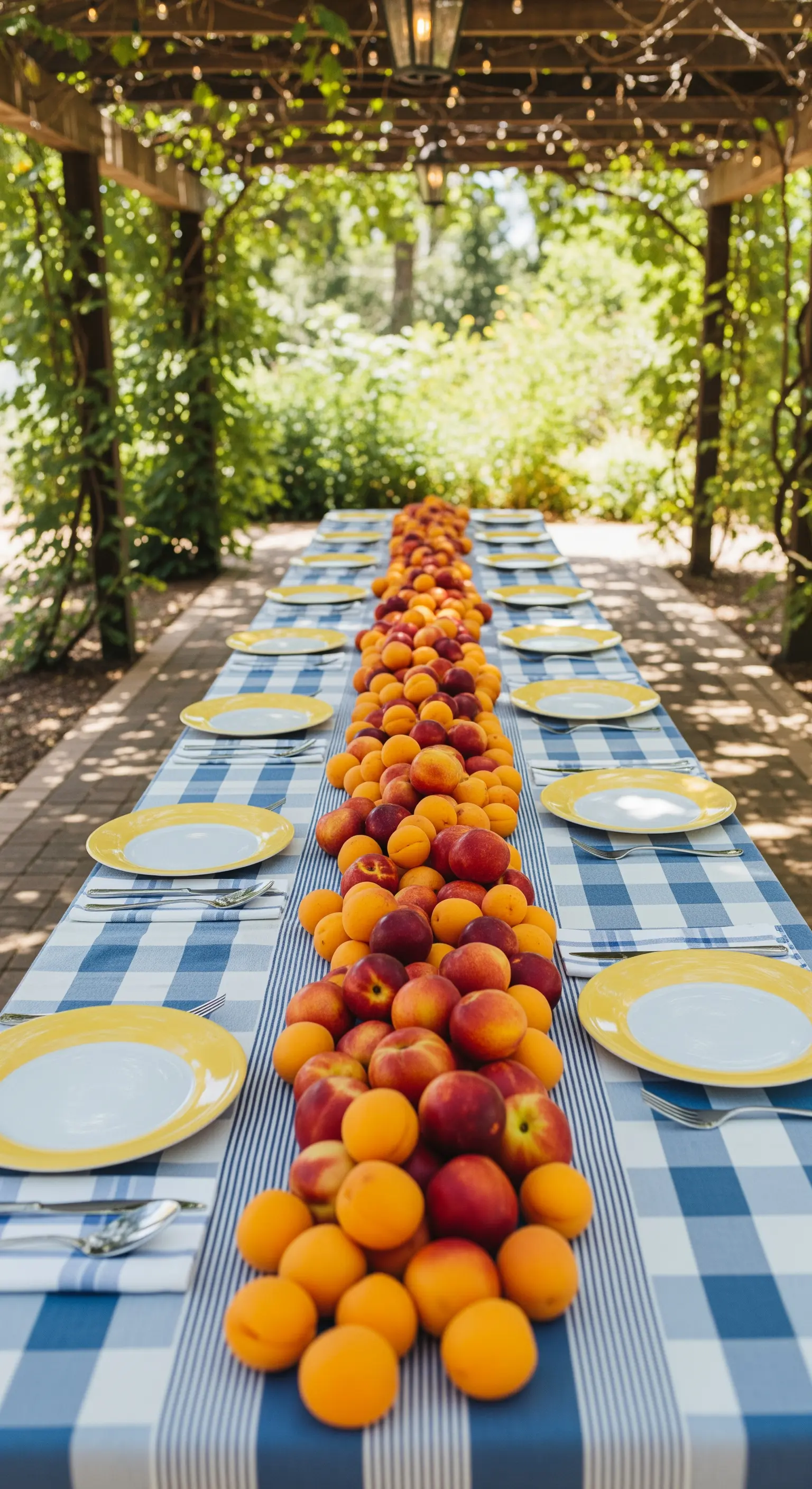 Lunga tavolata sotto un pergolato con una cascata di pesche e albicocche come centrotavola.