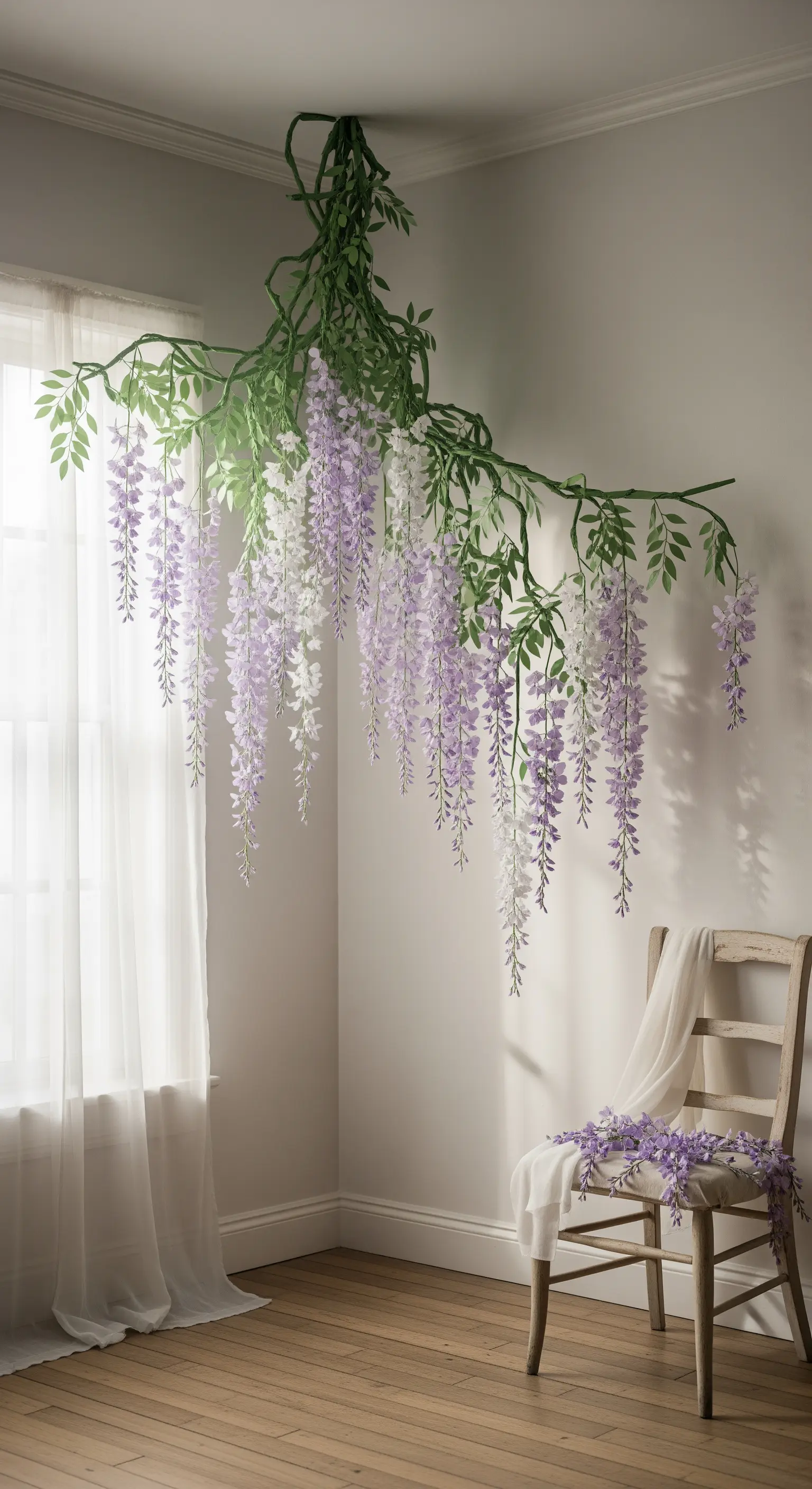 Un ramo di glicine di carta con fiori lilla pende dal soffitto in un angolo della stanza.