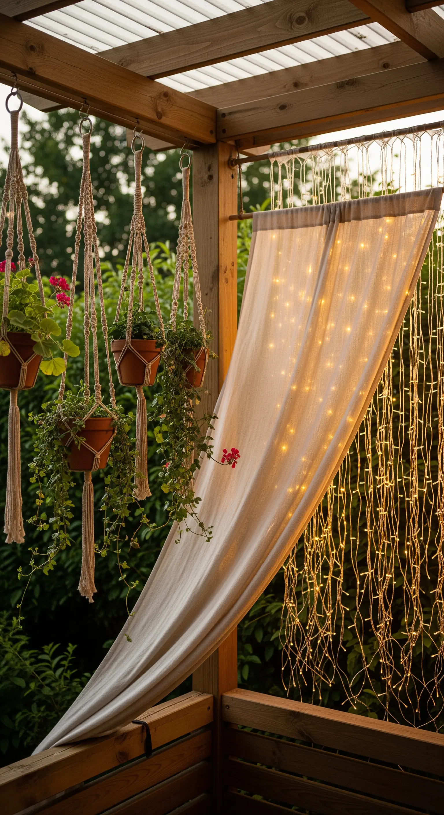 Angolo di un balcone con fioriere sospese in macramè e una tenda di lucine.