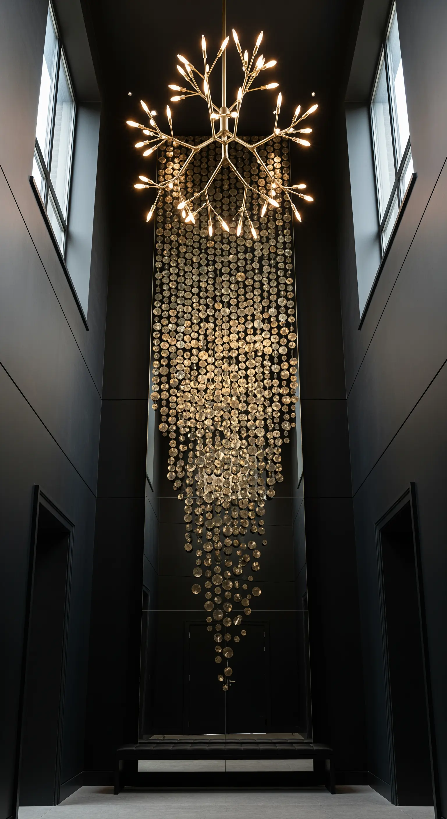 Ingresso a doppia altezza con pareti nere e un'enorme installazione luminosa a cascata.