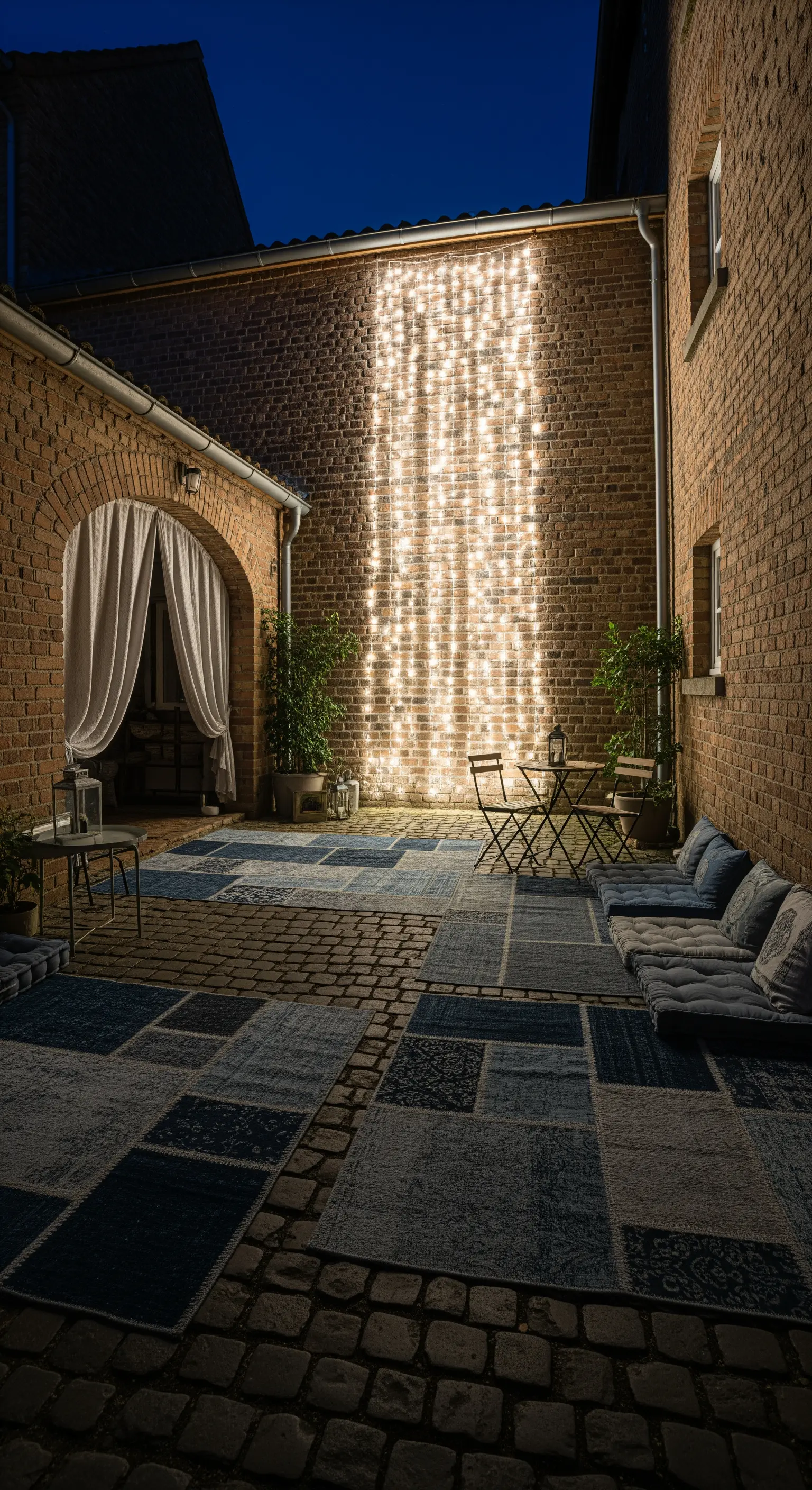 Cortile in mattoni con tappeti patchwork blu e una parete illuminata da una cascata di lucine.