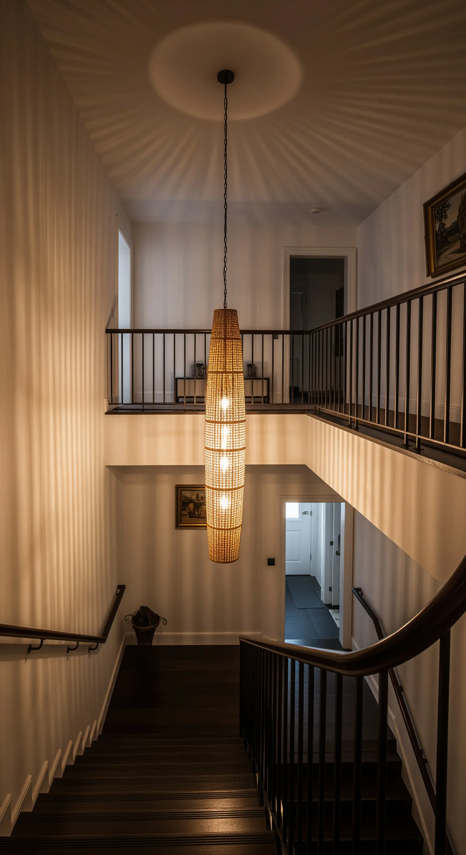 Lampadario verticale in vimini appeso nel centro di un vano scala a più piani.
