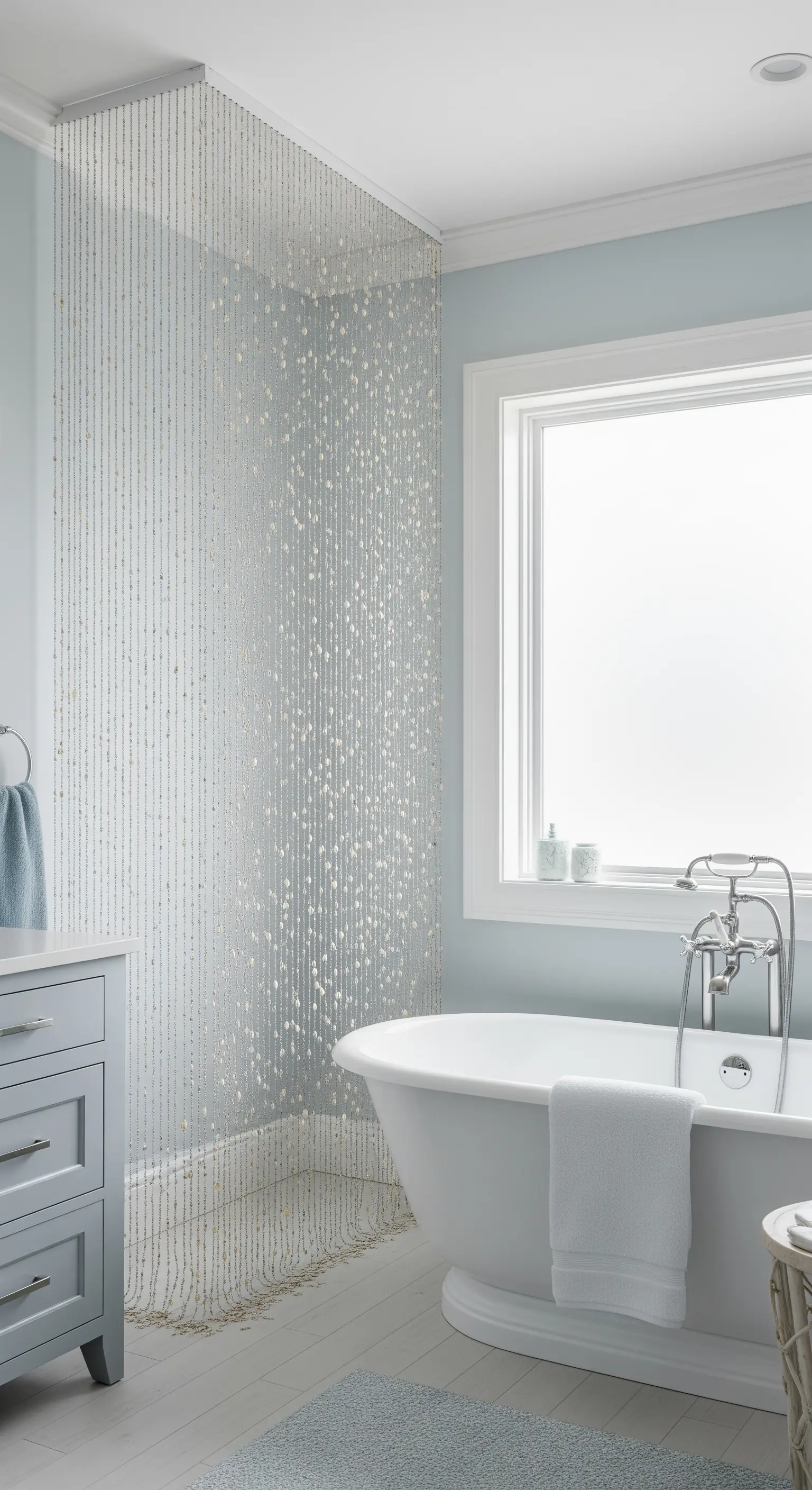 Tenda da doccia eterea realizzata con fili di perline trasparenti in un bagno azzurro.
