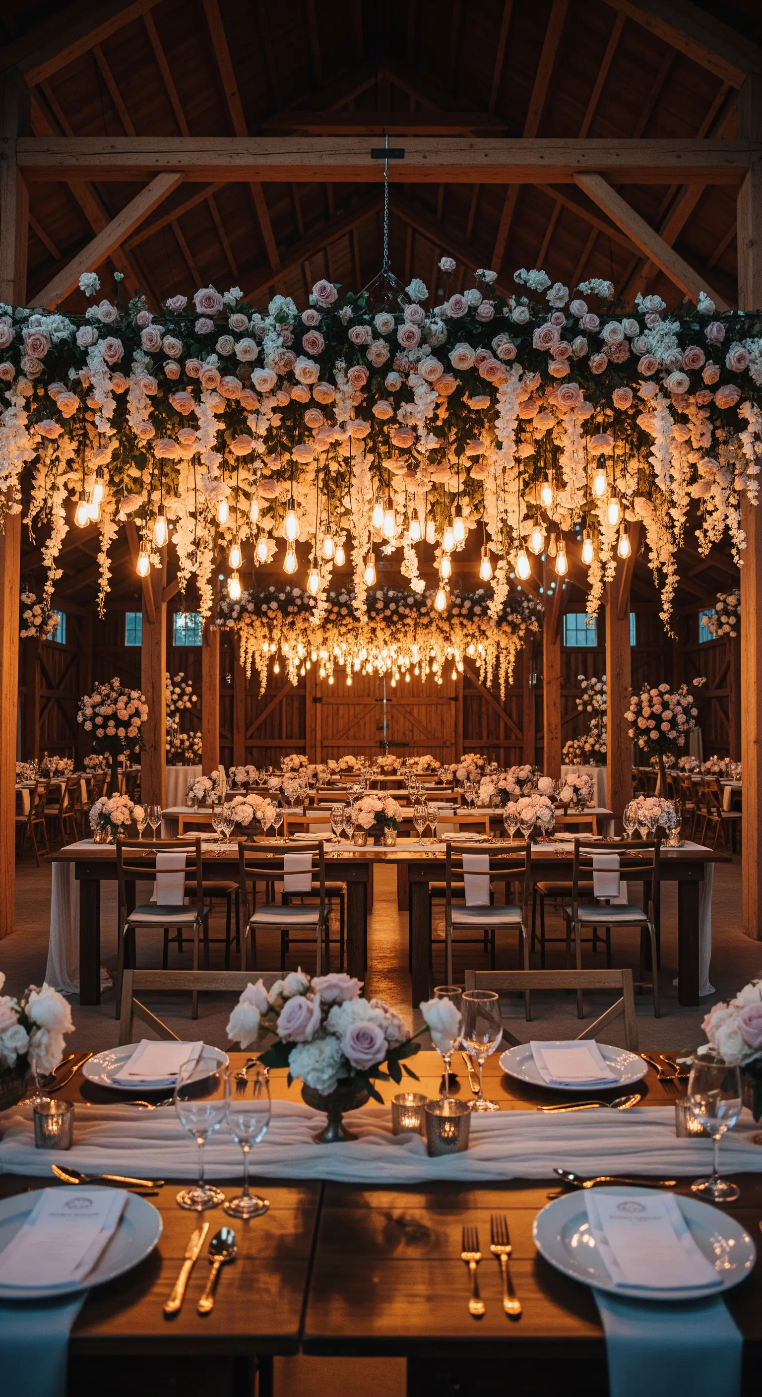 Soffitto di un fienile decorato con una fitta installazione di rose e lampadine Edison calde.