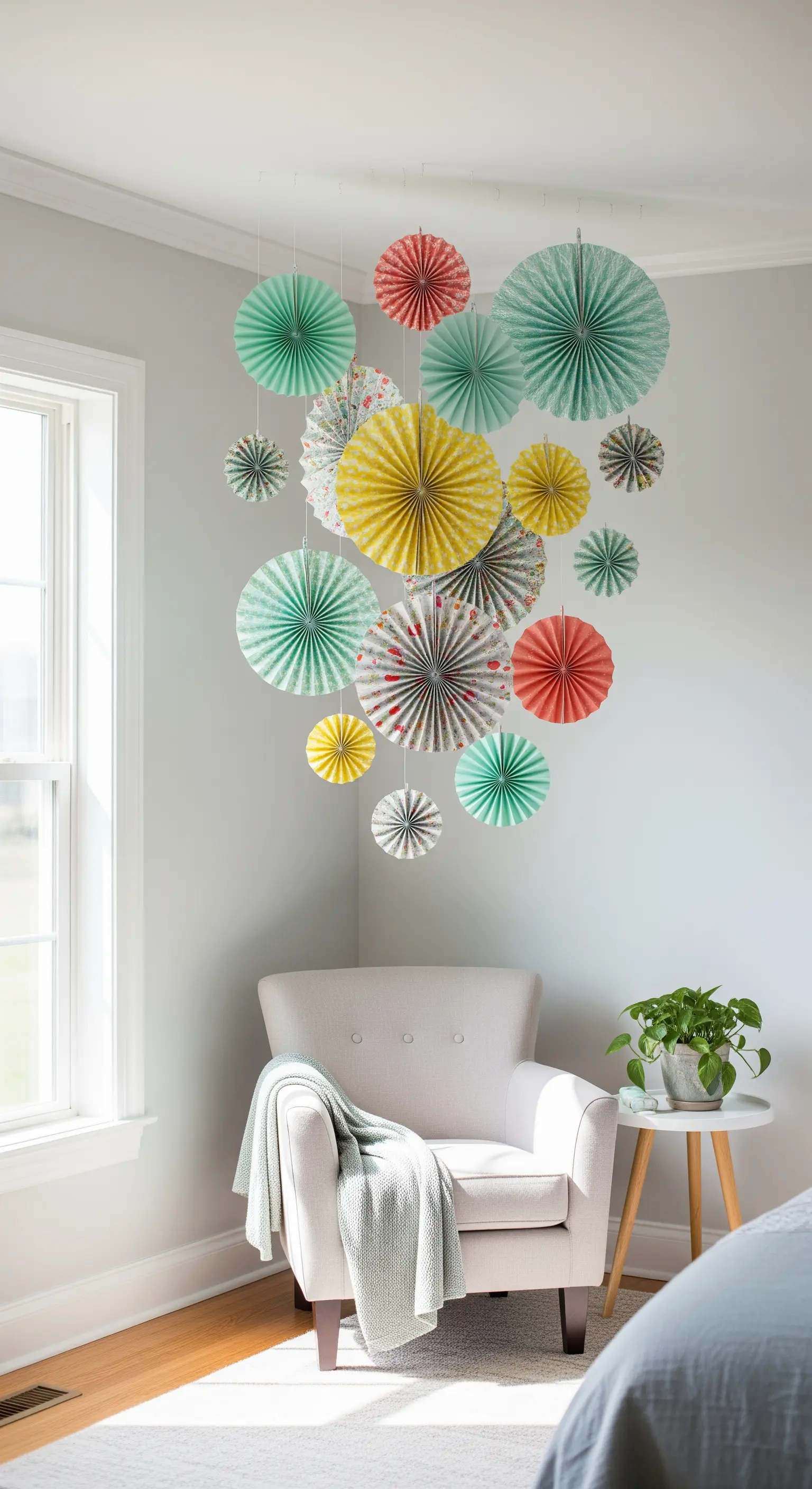 Gruppo di rosoni di carta colorata e a fantasia appesi al soffitto in un angolo lettura.