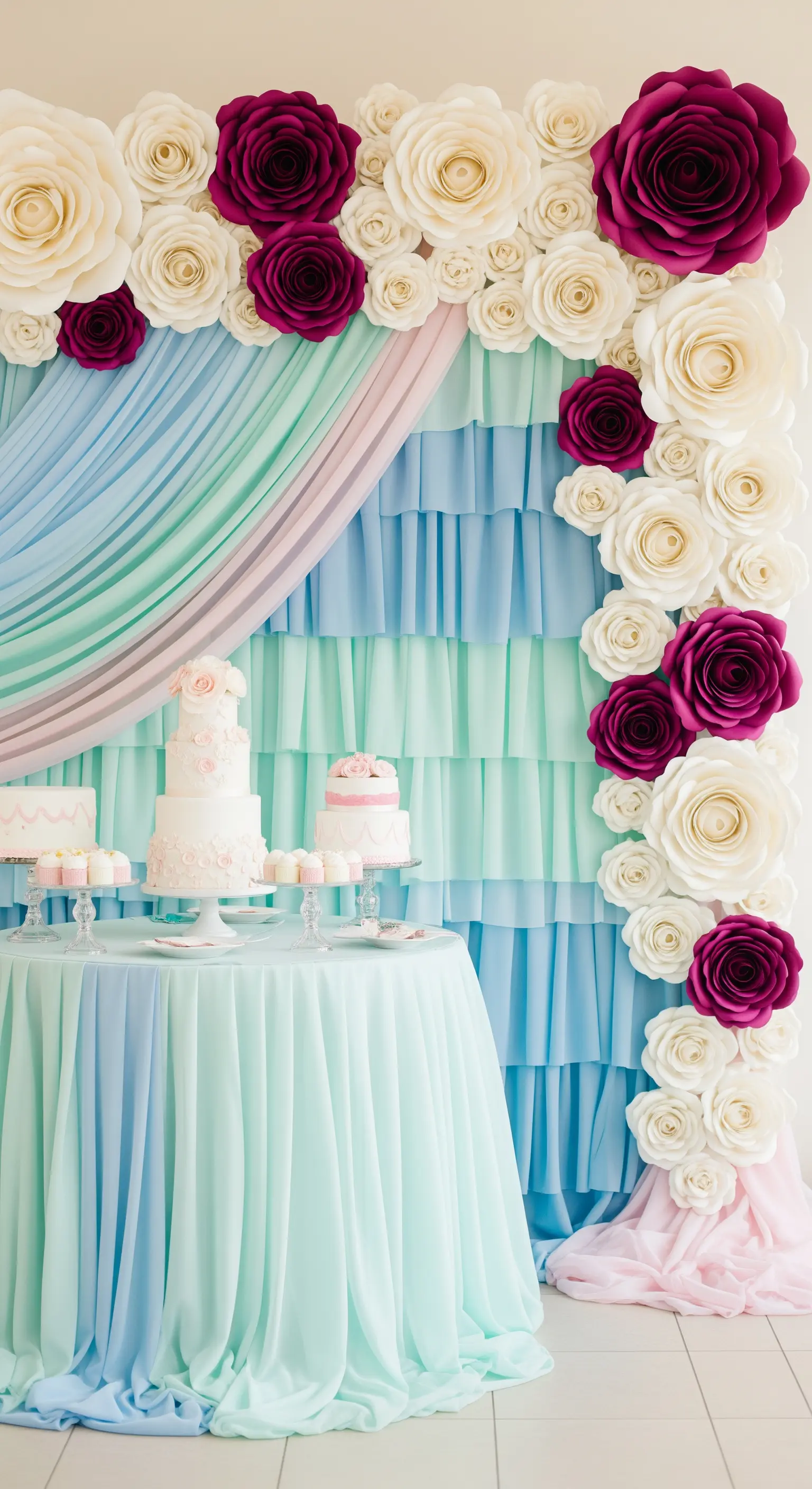 Tavolo torte con backdrop di tulle e cornice di rose di carta bianche e magenta.