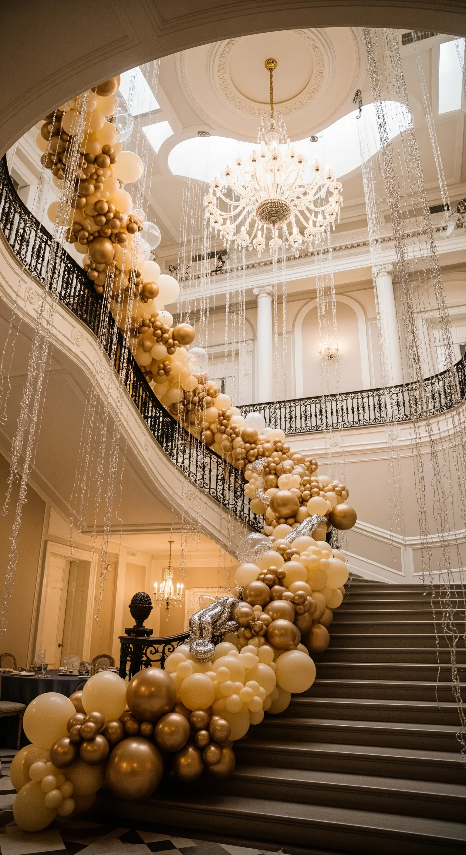 Una grandiosa ghirlanda di palloncini dorati e color crema che scende lungo una scalinata monumentale.