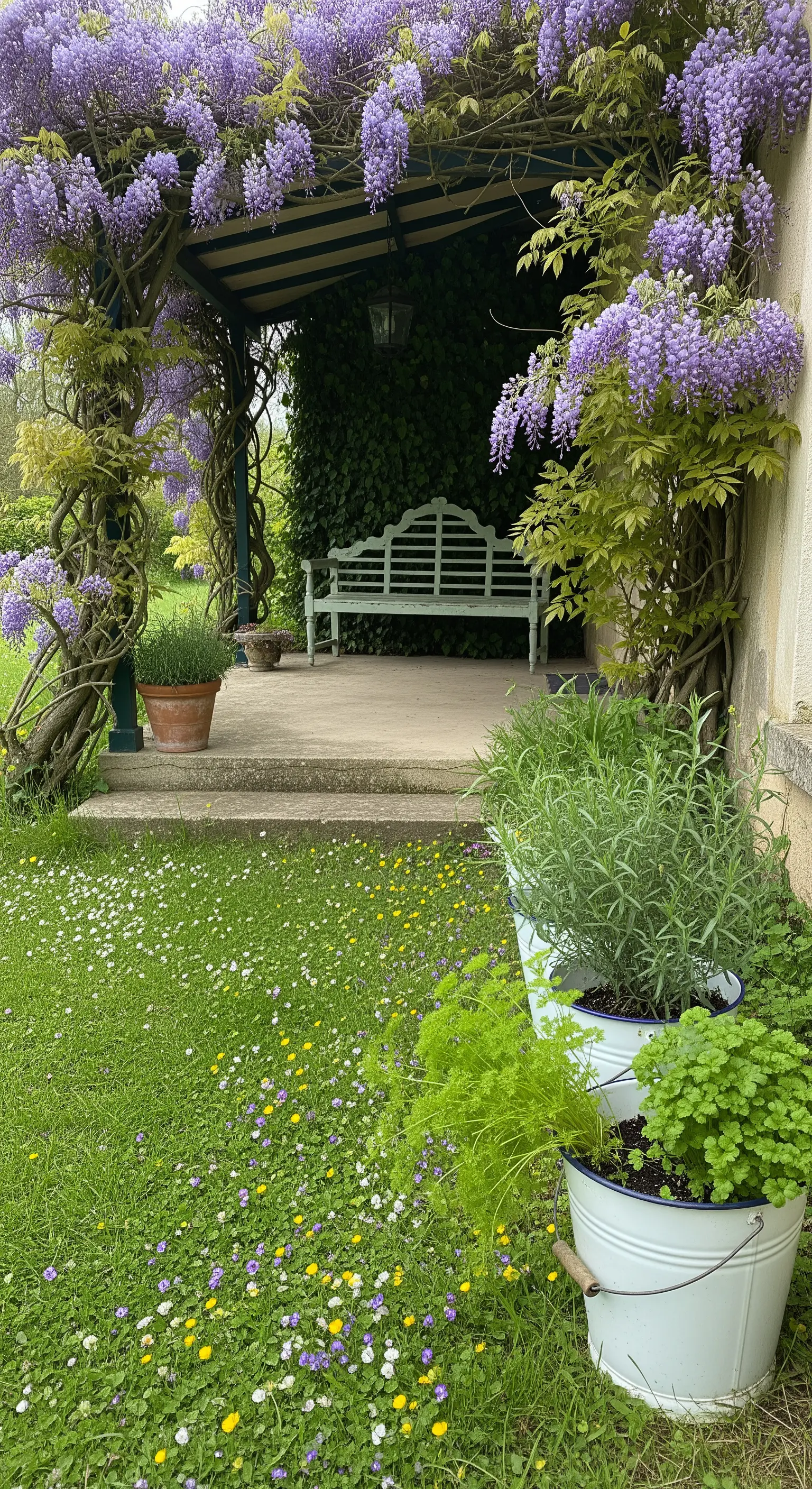 Veranda coperta da un glicine in fiore con una panca verde in lontananza e vasi smaltati.