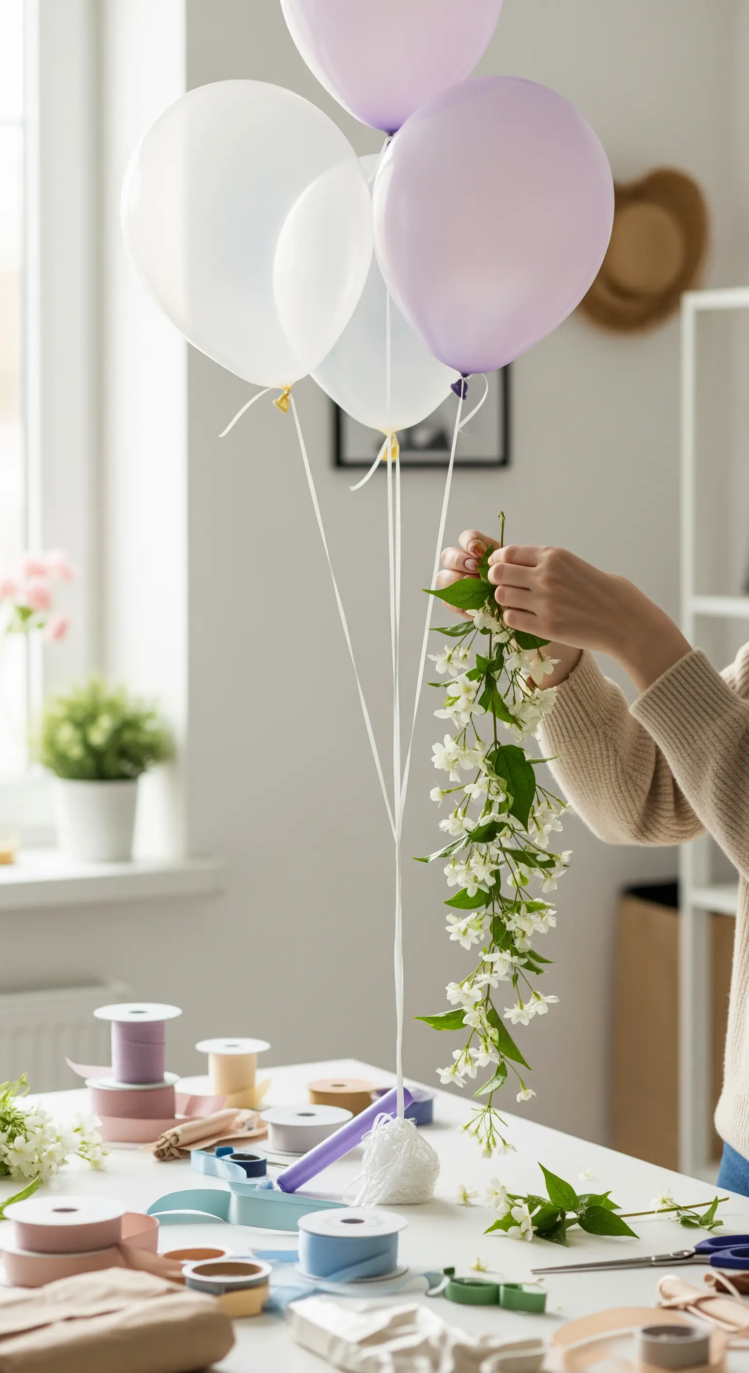 Mani che legano una ghirlanda di gelsomino bianco a palloncini color lavanda e bianco.